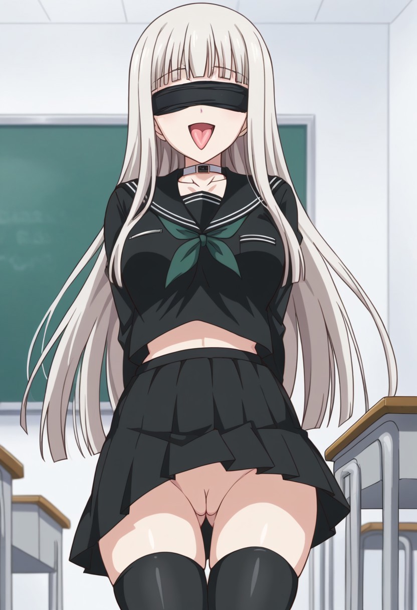 1girls ai_generated arms_behind_back ass_visible_through_thighs black_blindfold black_skirt black_thighhighs blindfold blindfolded blindfolded_female blossomtea blunt_bangs breasts breasts_visible_through_clothing byakuya_rinne choker civitai classroom classroom_desk collarbone cosplay crossover crossover_cosplay dot_nose euphoria_(clockup) eyebrows eyebrows_visible_through_hair green_neckerchief hassaku_xl indoors labia labia_majora long_hair long_sleeves maha_no_hanashi masa_works_design neckerchief no_panties phyrexia_(maha_no_hanashi) pussy self_upload skirt solo striped striped_clothing thighhighs tongue tongue_out white_hair white_stripes zettai_ryouiki