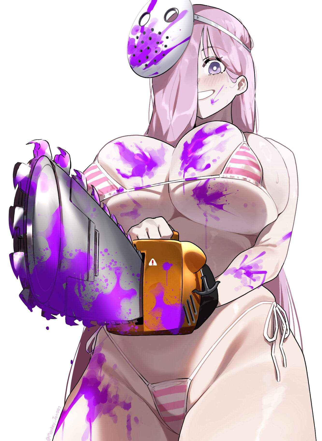 1girls chainsaw crazy_eyes crazy_girl crazy_smile long_hair looking_at_viewer pink_hair tagme weapon yandere