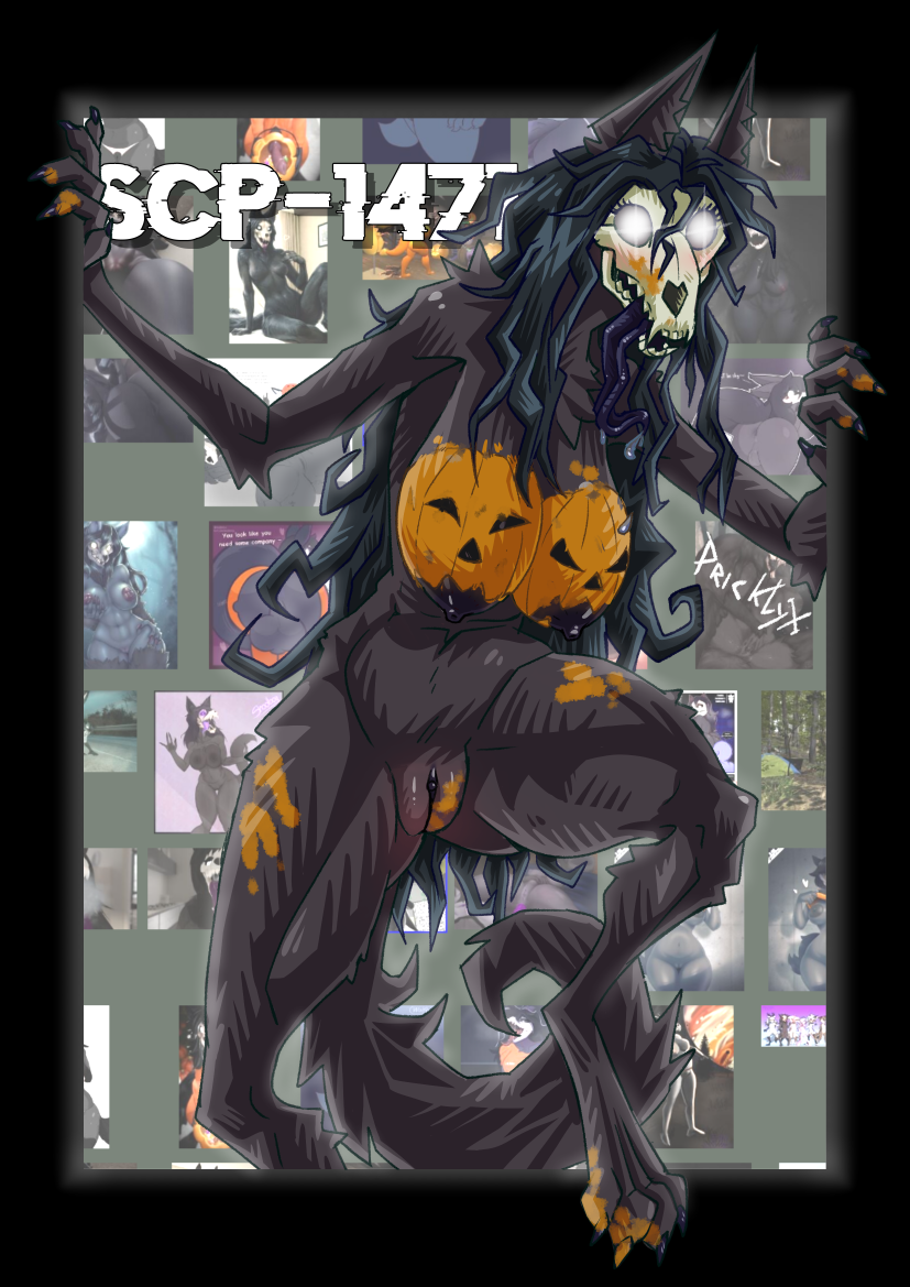 anthro big_breasts black bodypaint bone breasts canid canine canis cosplay female genitals halloween holidays jack-o'-lantern malo mammal nipples nude pricklyx pumkin pussy scp-1471-a scp_foundation skull skully wolf