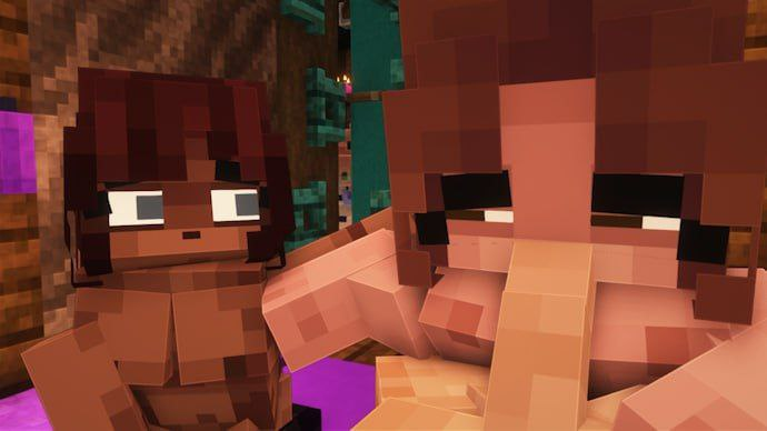 2girls blowjob brown_hair confusion mine-imator minecraft penis