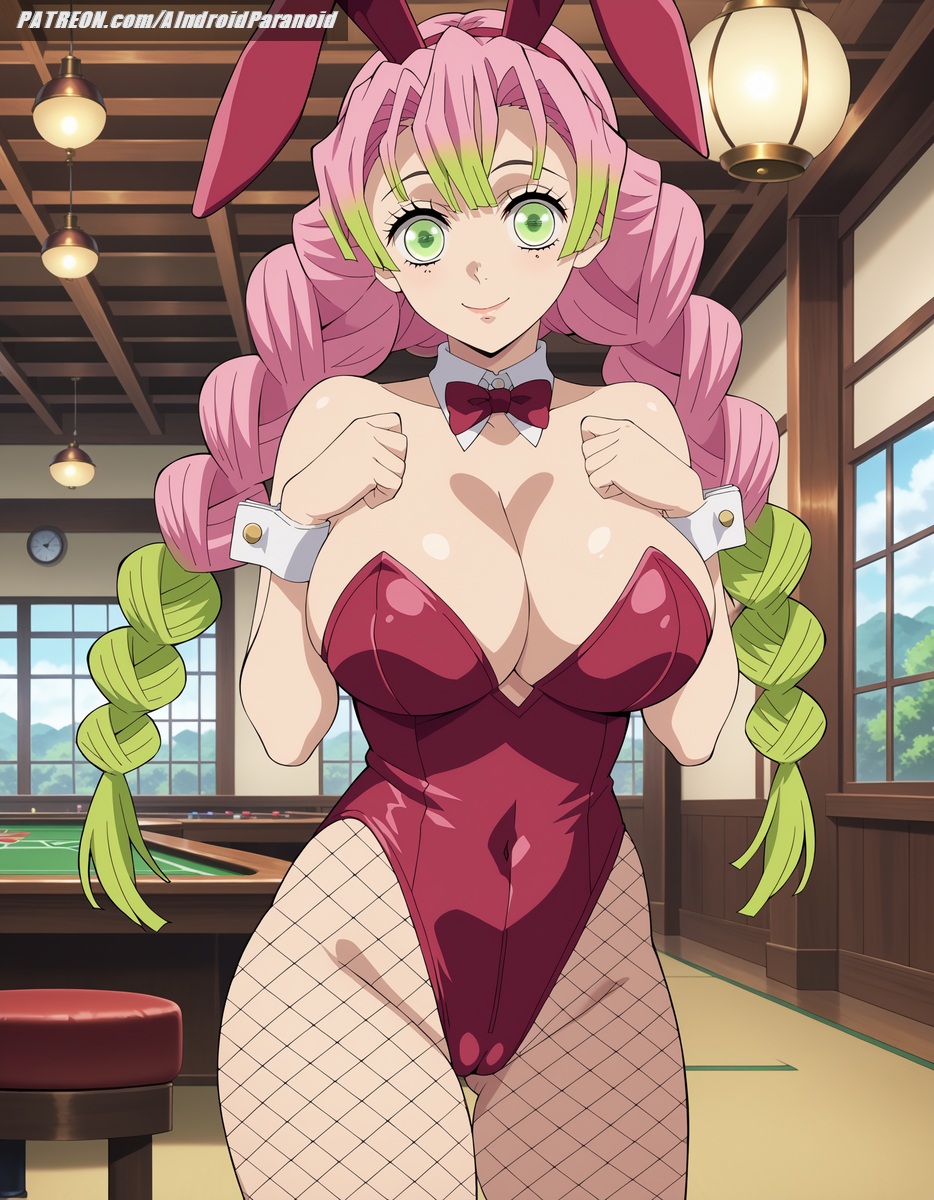 1girls ai_generated aindroidparanoid big_breasts braid braided_ponytail breasts bunny_costume bunny_ears bunny_girl bunnysuit busty cameltoe cleavage curvy demon_slayer female female_only fishnets green_eyes green_hair huge_breasts indoors kanroji_mitsuri kimetsu_no_yaiba large_breasts multicolored_hair nipples pink_hair solo stable_diffusion standing twintails upset voluptuous