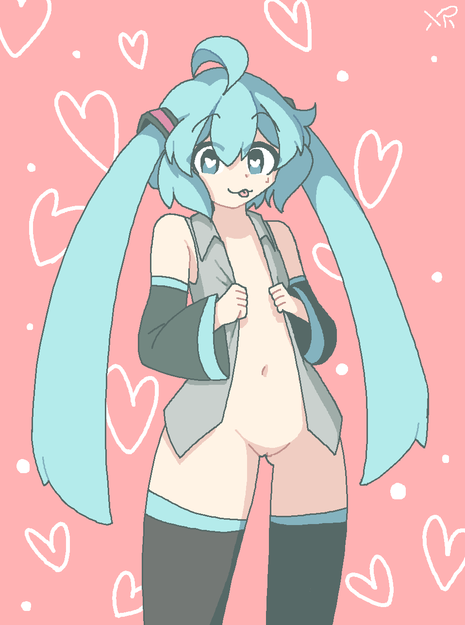 blue_eyes blue_hair bottomless hatsune_miku heart heart-shaped_pupils imxr24 pussy thighhighs tongue_out uncensored vest vocaloid