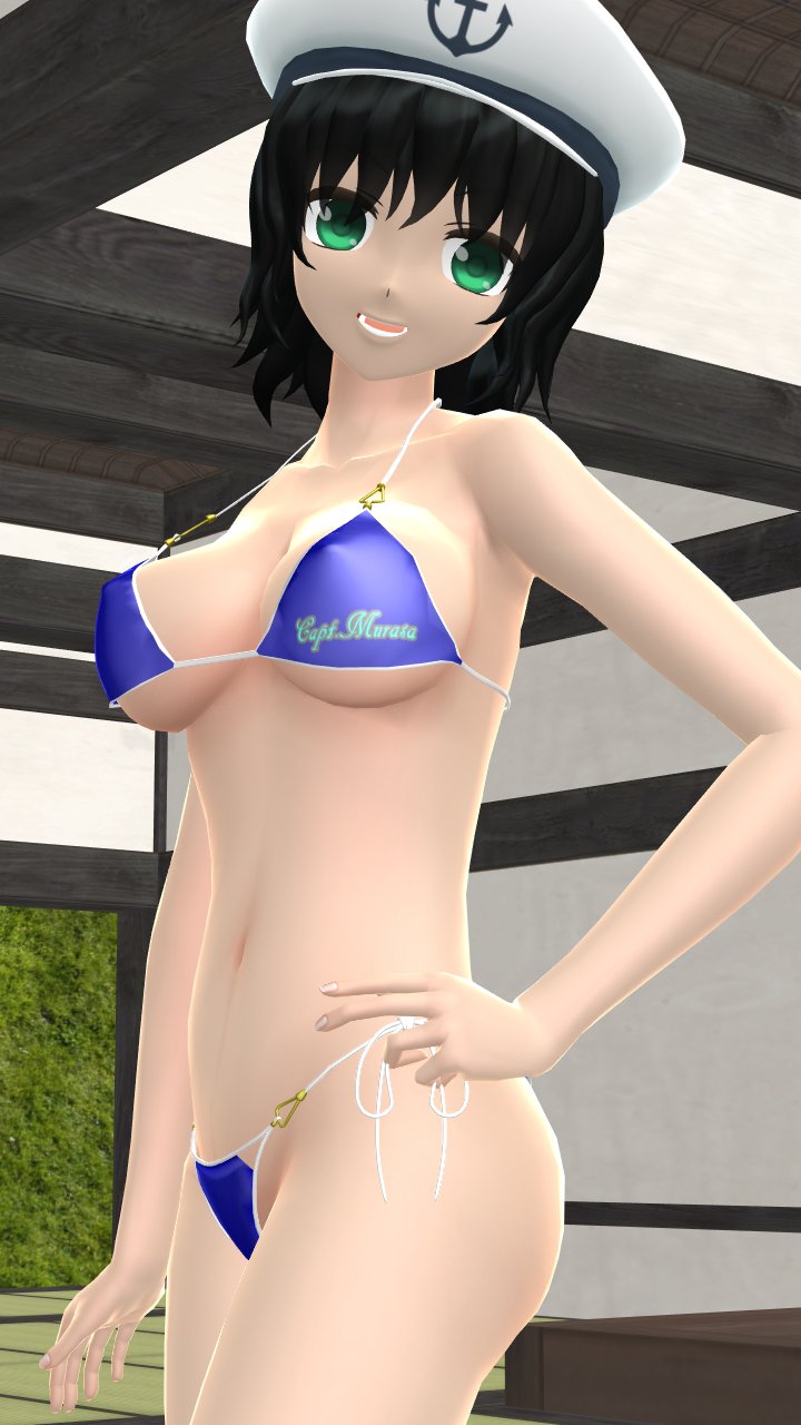 1girls 2023 3d armpit belly_button bikini black_hair_female blue_bikini breasts clavicle cleavage green_eyes hand_on_hip hat hati_yukkuri_mmd headwear hips indoors interior_background jpeg light-skinned_female looking_at_viewer minamitsu_murasa mmd open_mouth peace_sign sailor_hat short_hair_female side_boob solo_female solo_focus spirit swimsuit touhou waist