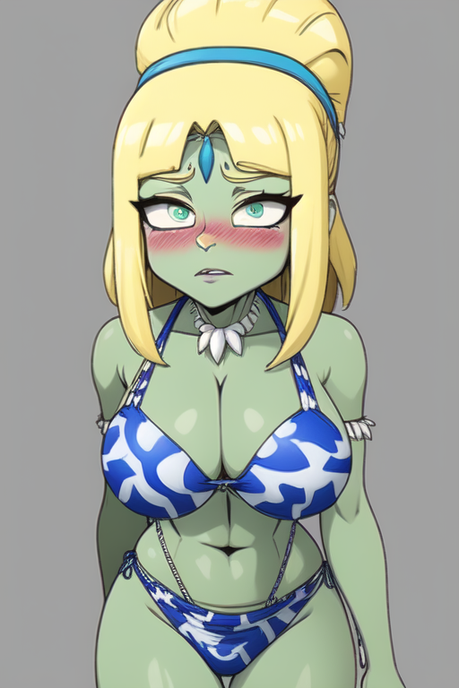 ai_generated bikini bikini_sea bikini_zombie bikini_zombie_(pvz) blush crystal green_body green_eyes hair headband panties panties_sea plants_vs_zombies plants_vs_zombies_2:_it's_about_time pvz queen sea viewer