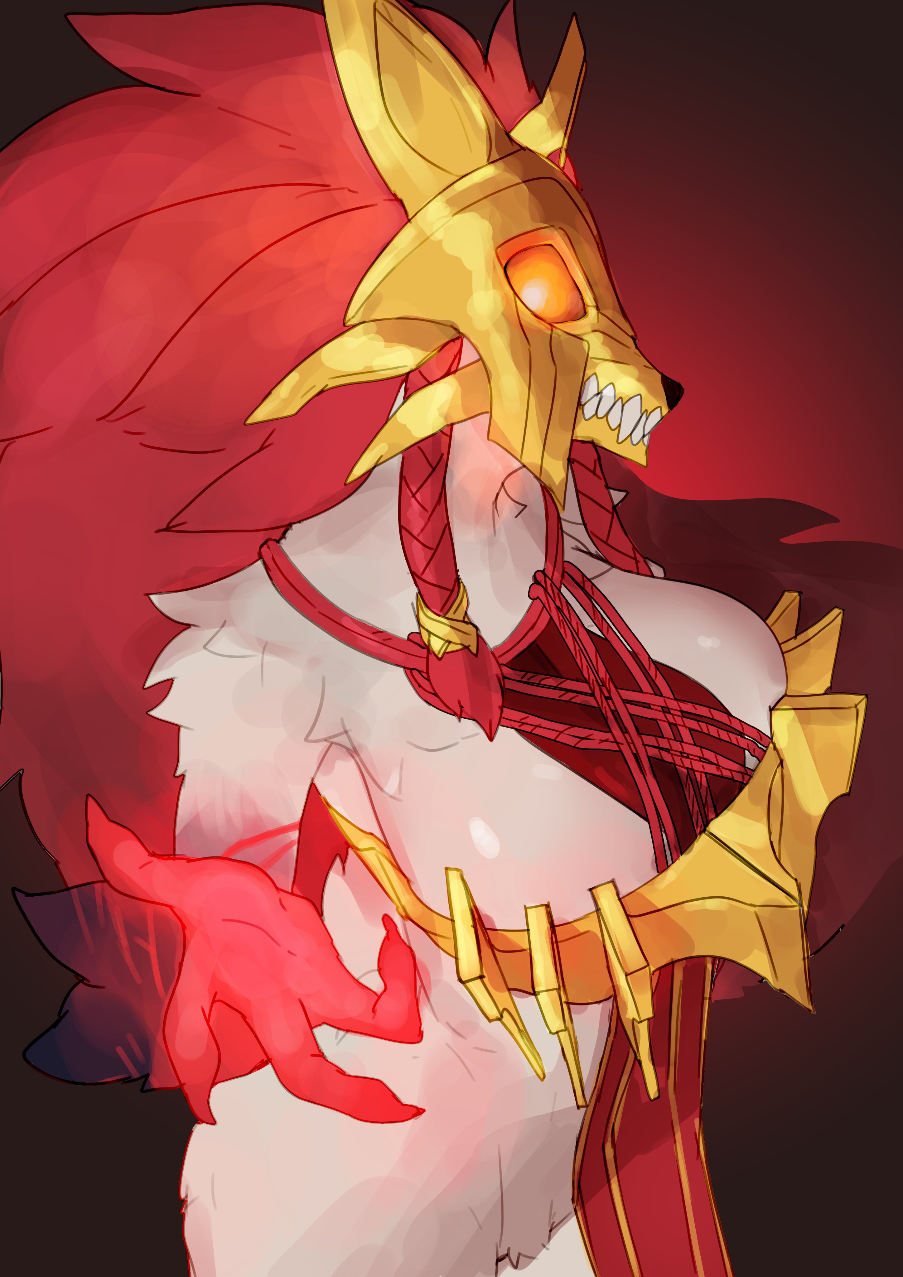 1girls, 2024, 4 fingers, absurd res, breasts, buta99, child bearing hips, chosen of the wolf kindred, chosen of the wolf series, clothed, clothing, digital media (artwork), female, female focus, female only, fingers, fur, kindred, lamb (league of legends), league of legends, looking at viewer, mammal, mask, red eyes, riot games, side view, simple background, solo, solo female, solo focus, standing, teeth, white body, white fur