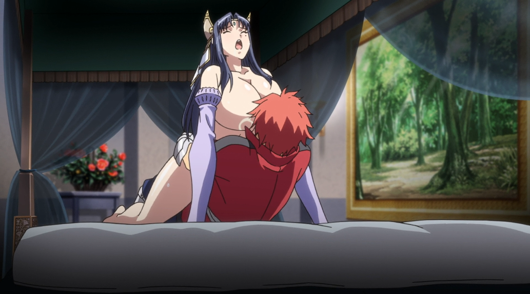 1boy 1girls anime_screencap bed breasts cleavage closed_eyes clothed_male_nude_female cowgirl dark_blue_hair gigantic_breasts huge_breasts knight kyonyuu_fantasy majin_(company) majin_label mature_female milf nude nude_female open_mouth ova red_hair rokusaanu_do_dejiiru ryuuto_henge screencap sex