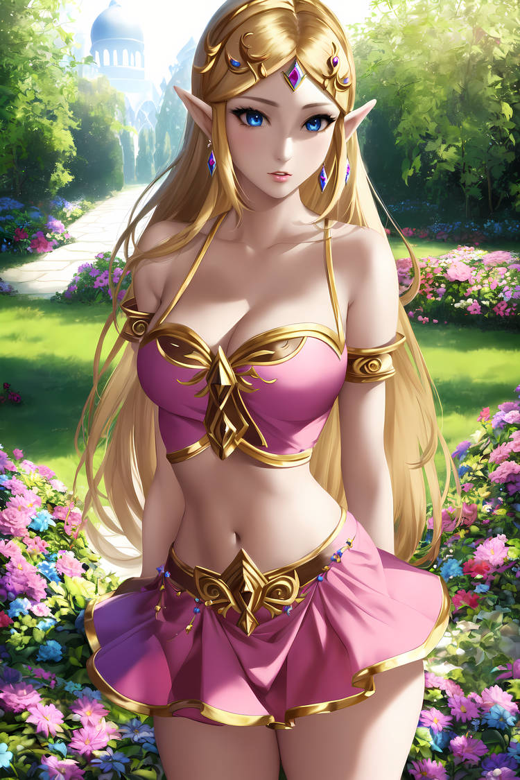 1girls ai_generated aiartshines armlet blonde_hair blue_eyes breasts breath_of_the_wild crop_top earrings flowers grass large_breasts long_hair looking_at_viewer midriff navel nintendo outside pink_crop_top pink_skirt princess_zelda skirt the_legend_of_zelda trees