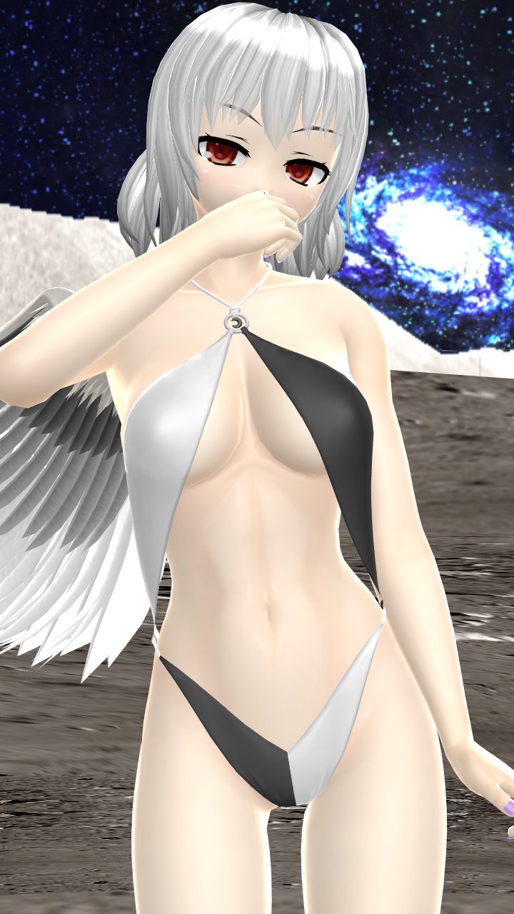 1girls 2023 3d belly_button black_and_white_swimsuit breasts clavicle cleavage cosmic_background galaxy hand_on_mouth hati_yukkuri_mmd hips jpeg light-skinned_female looking_at_viewer mmd moon one_arm_up one_wing outdoors red_eyes sagume_kishin short_hair_female solo_female solo_focus space spirit stars swimsuit touhou waist white_hair_female