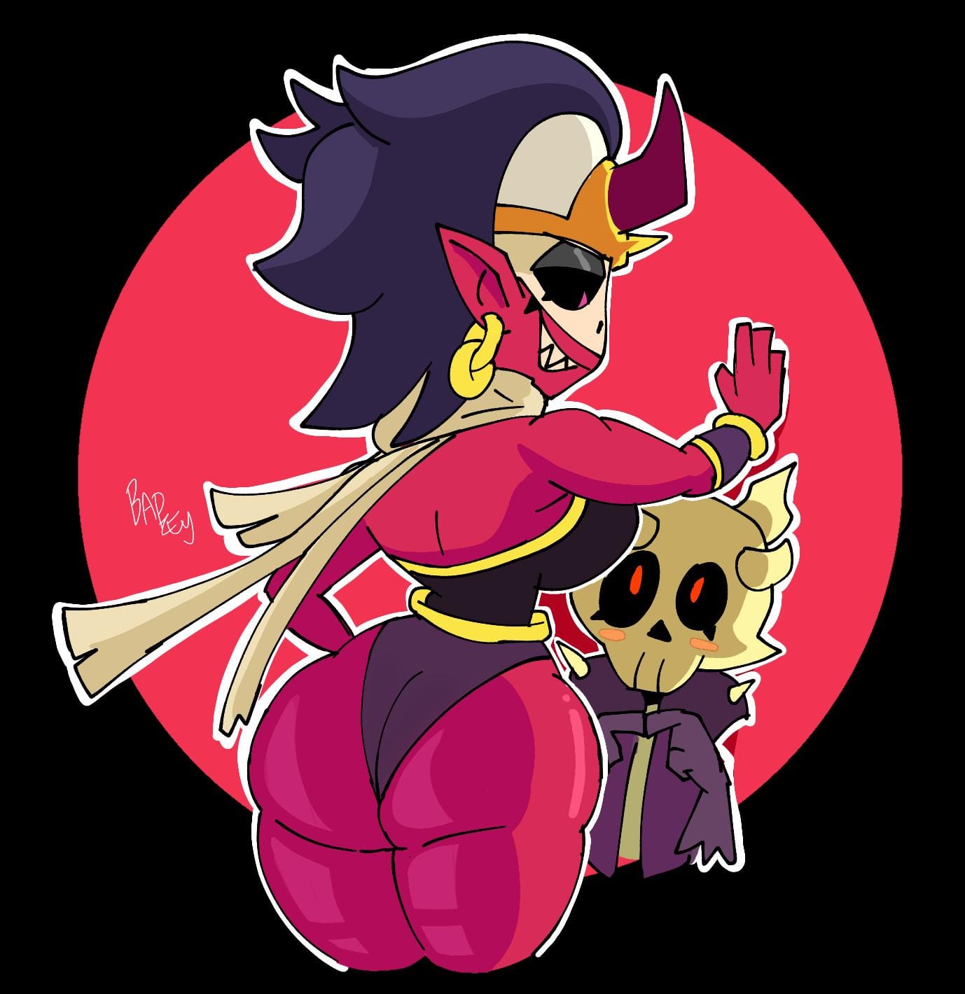 bapzey_bot_(artist) big_butt big_thighs blushing brawl_stars demon demon_girl demon_horns emz_(brawl_stars) fat_ass poco_(brawl_stars) red_body red_eyes red_skin sfw skeleton skull skull_head supercell