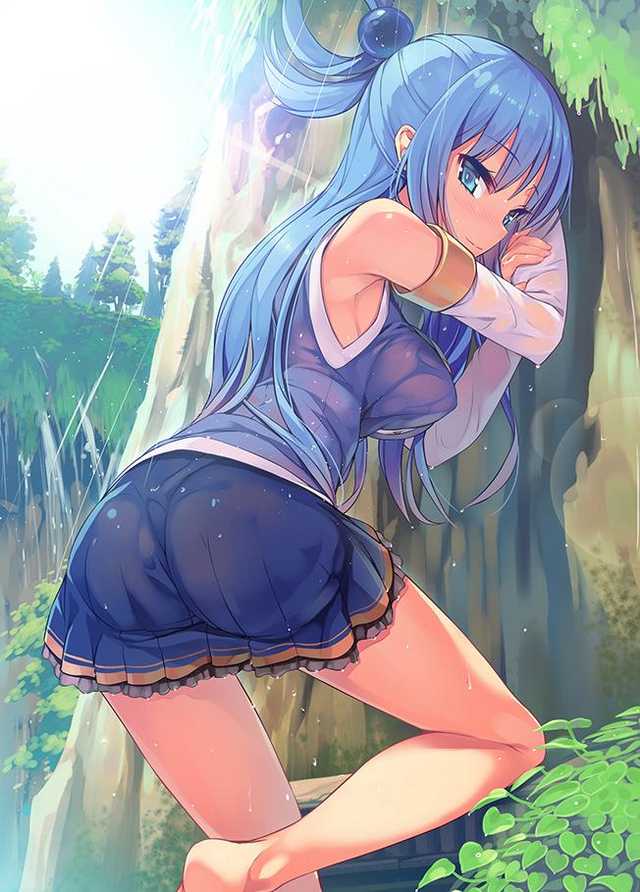 1girls aqua_(konosuba) aqua_eyes aqua_hair ass breasts feet female female_only kono_subarashii_sekai_ni_shukufuku_wo! nature see-through solo tam-u wet_clothes