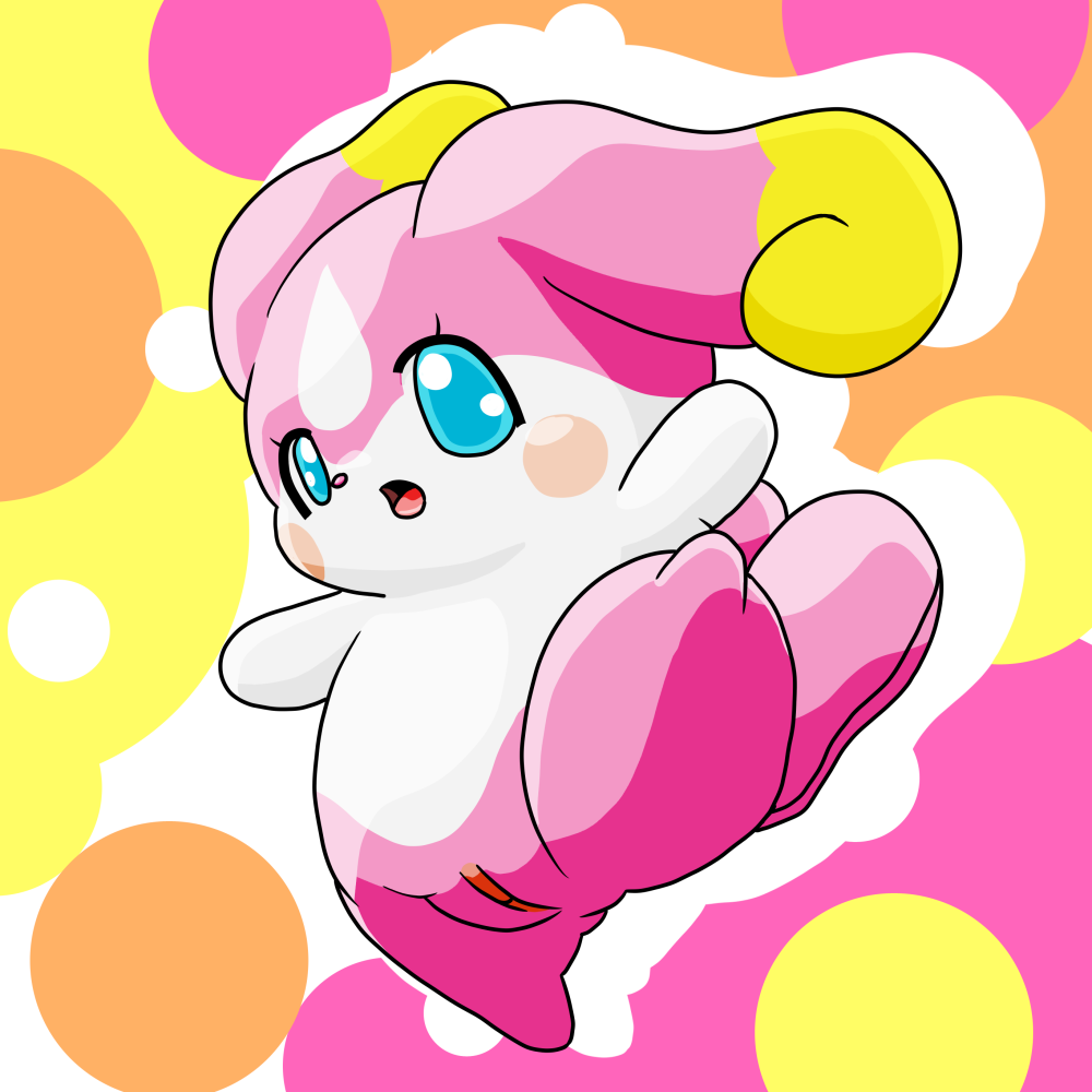 1:1 blue_eyes cocotama eyelashes featureless_limbs female fur furry furry_only himitsu_no_cocotama jumping multicolored_fur open_mouth pink_fur pussy semi-anthro solo teppuru_(cocotama) white_fur yellow_fur 九尾