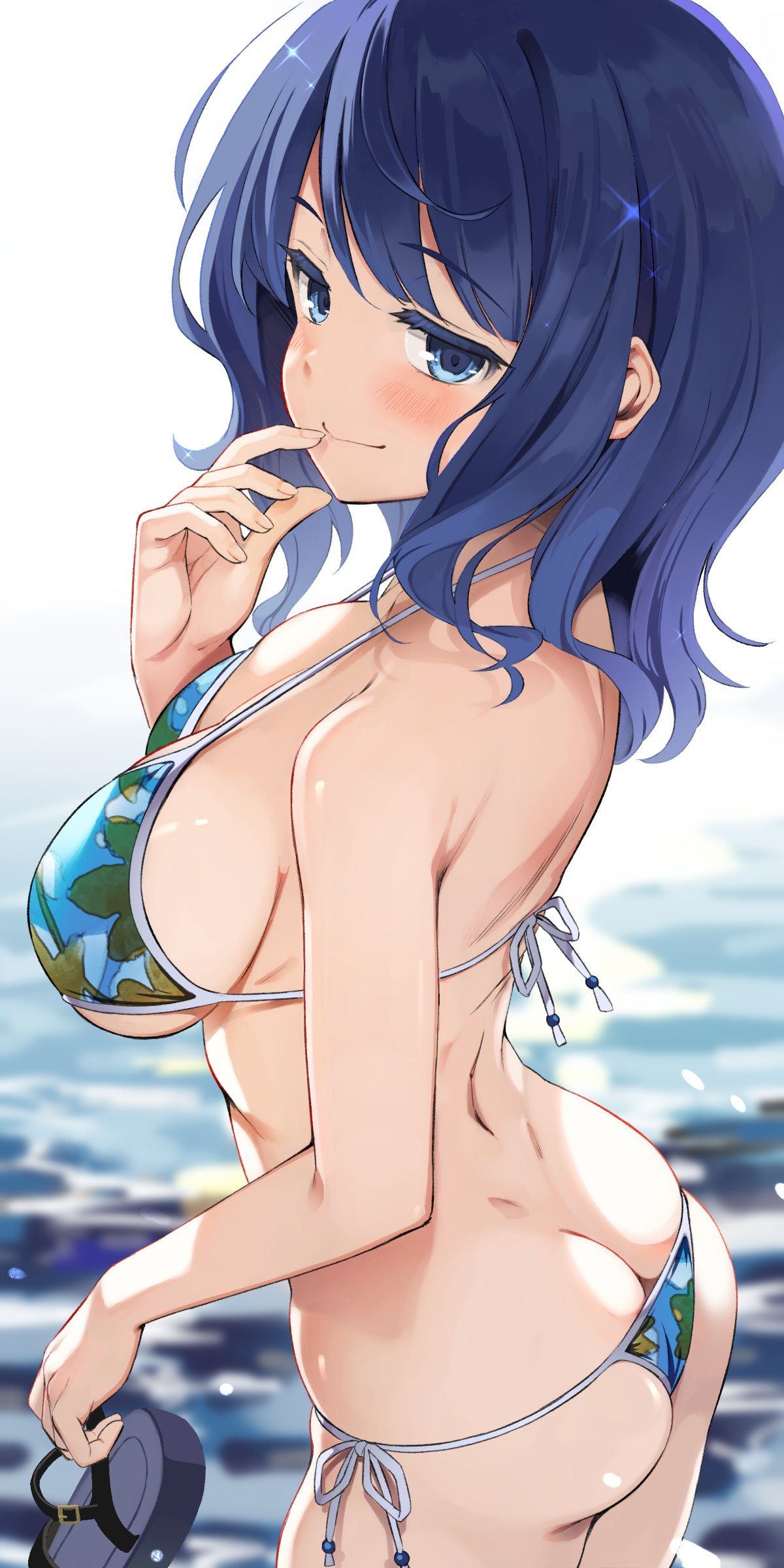 absurdres ass bare_arms bare_back bare_shoulders bikini blue_bikini blue_eyes blue_hair blurry blurry_background blush breasts butt_crack closed_mouth female floral_print highres holding holding_sandals light_smile long_hair looking_at_viewer make_heroine_ga_oo_sugiru! medium_breasts osa_(osaosa) sandals side-tie_bikini_bottom sideboob solo swimsuit yanami_anna