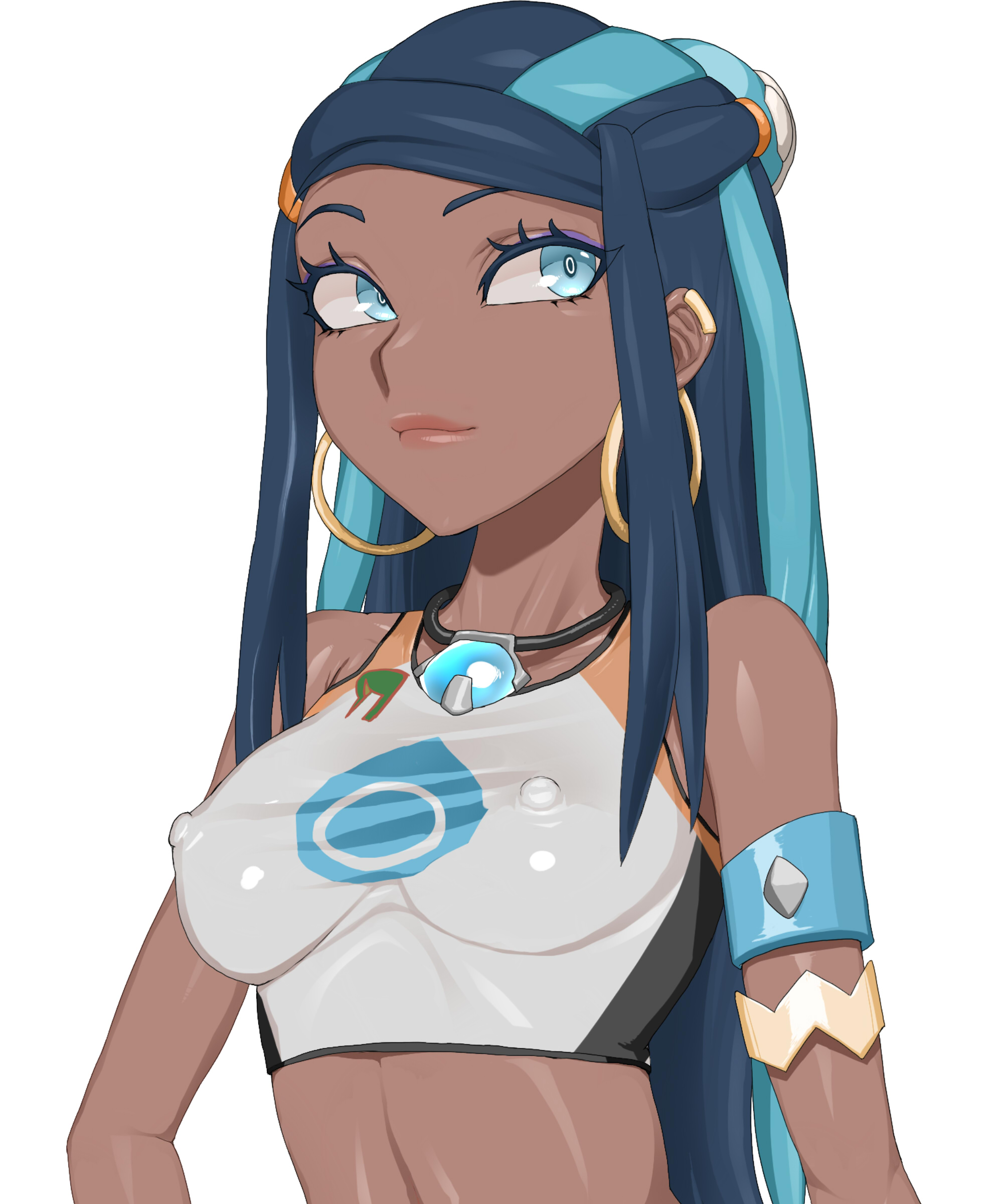 1girls, abs, bad id, bare shoulders, belly, big eyes, blue eyes, blue hair, bracelet, breasts, clothed, dark skin, dark-skinned female, earrings, erect nipples, erect nipples under clothes, female, female only, gloves, gym leader, human, long hair, looking away, necklace, nessa (pokemon), nintendo, nipples, pokemon, pokemon ss, shirt, skin tight, small breasts, solo, source request, white background