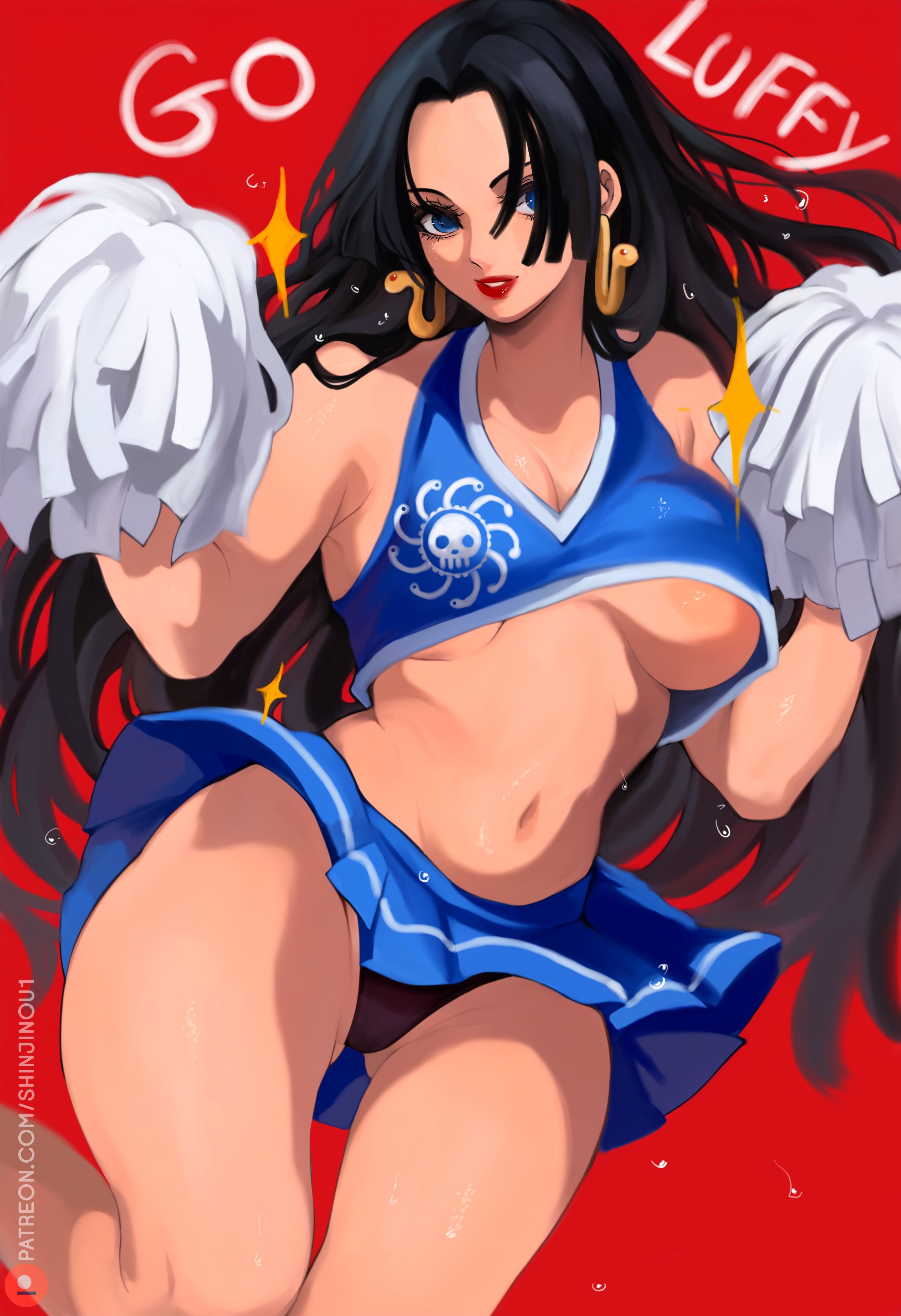 1girls, big breasts, black hair, black-haired female, boa hancock, breasts, cheerleader, female, female only, large breasts, one piece, panties, shinjinou, tagme, thick thighs, thighs, underboob, upskirt