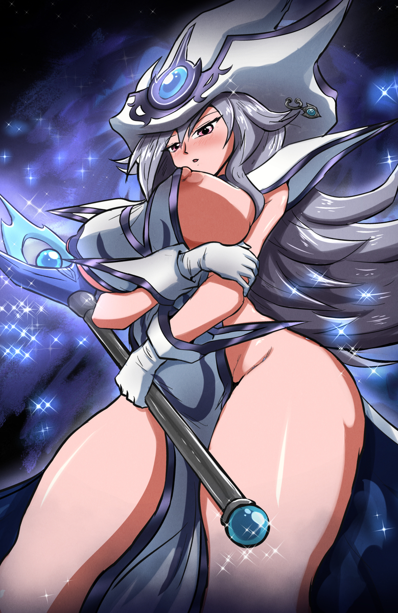 big_breasts big_thighs duel_monster female gloves gray_hair grey_hair hair_over_one_eye hat houseki_hiiro magician one_eye_covered one_eye_obstructed red_eyes silent_magician solo solo_female staff thighs yu-gi-oh!