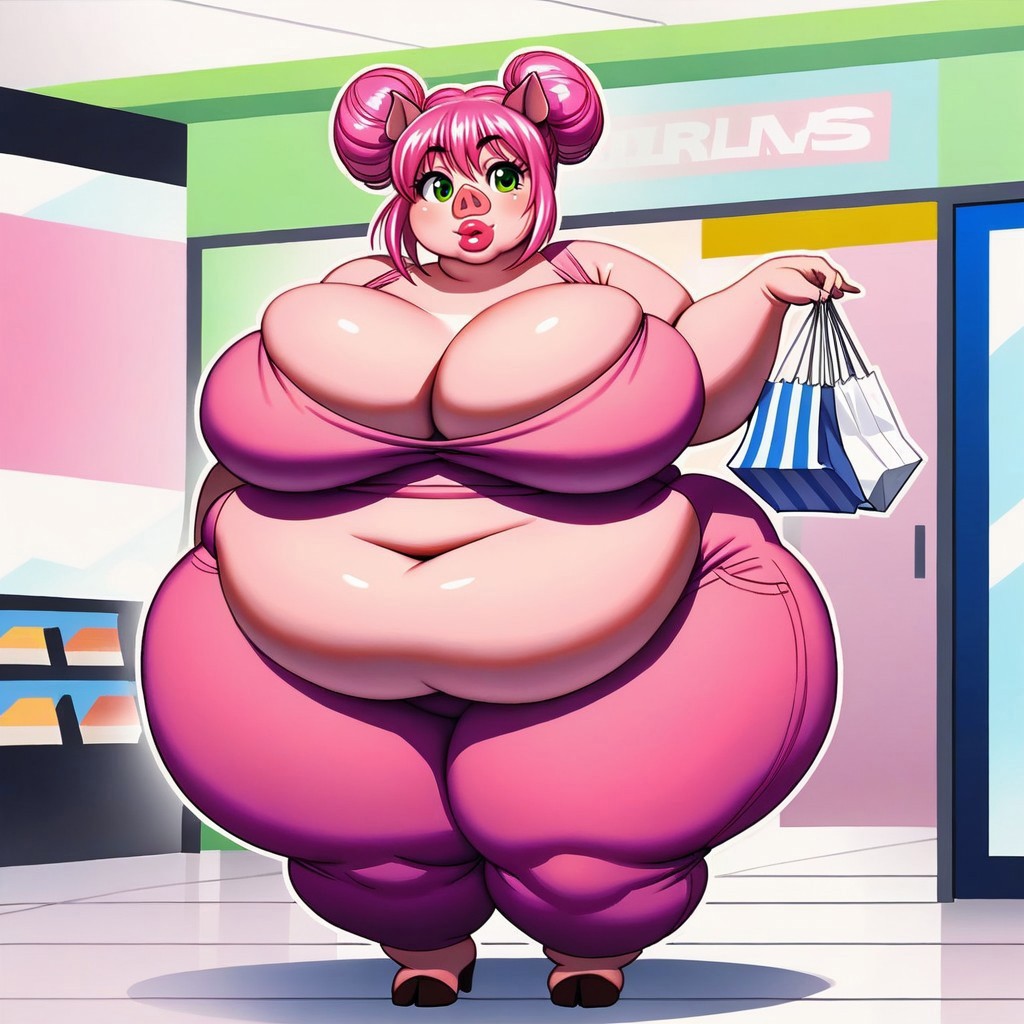 ai_generated bbw big_ass big_belly big_breasts double_bun fat_ass fat_belly green_eyes large_ass large_breasts original_character pig_ears pig_girl pig_nose pink_hair ssbbw