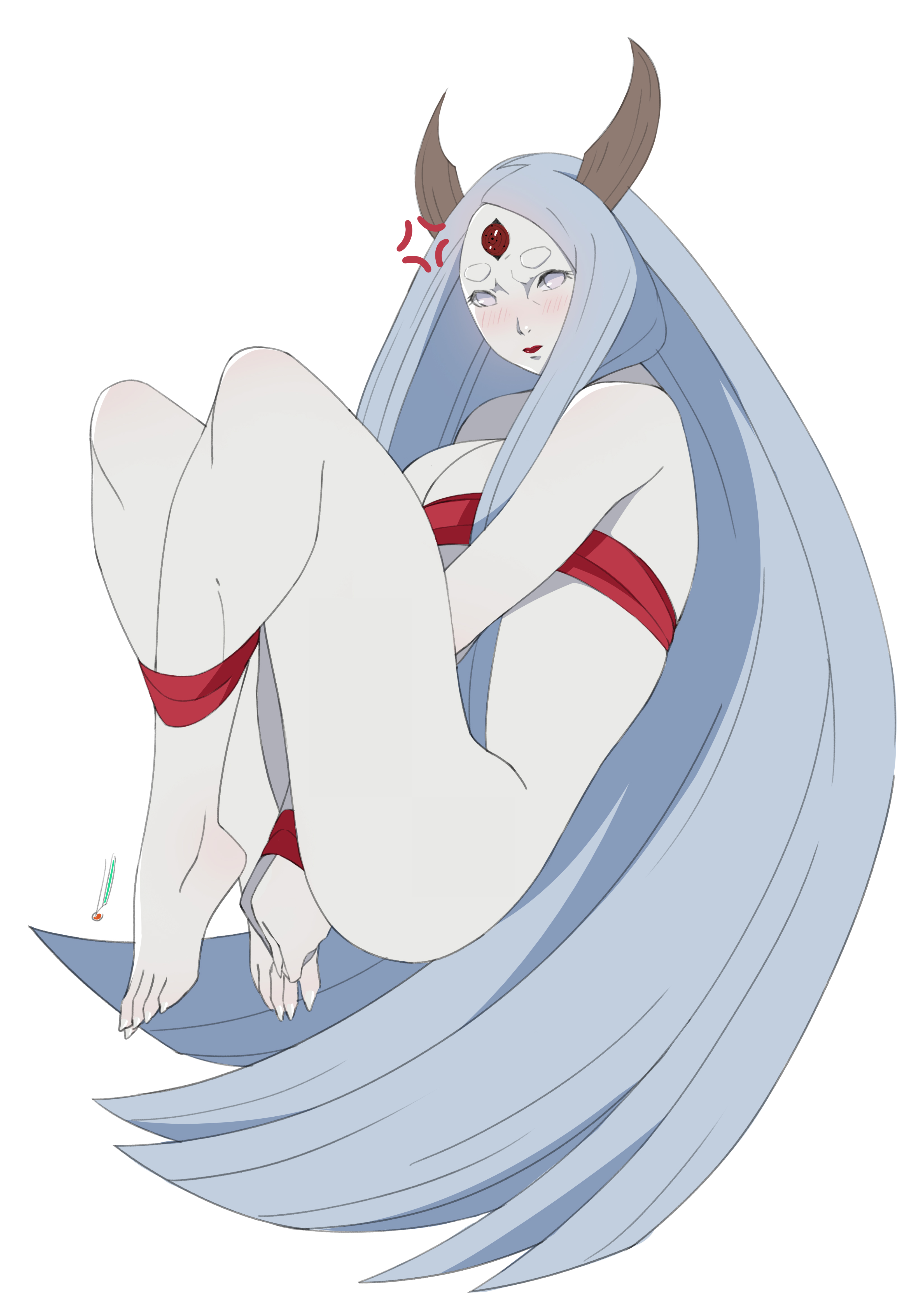 1girls, 3 eyes, barefoot, big breasts, blush, bondage, breasts, cleavage, covering crotch, feet, female, female only, gwessuu, horns, knees up, lipstick, long hair, looking at viewer, makeup, multi eye, naked, naruto, naruto (series), naruto shippuden, nude, otsutsuki kaguya, red eye, sharp fingernails, silver hair, tied hands, tied legs, tied up, toes, very long hair, violet eyes