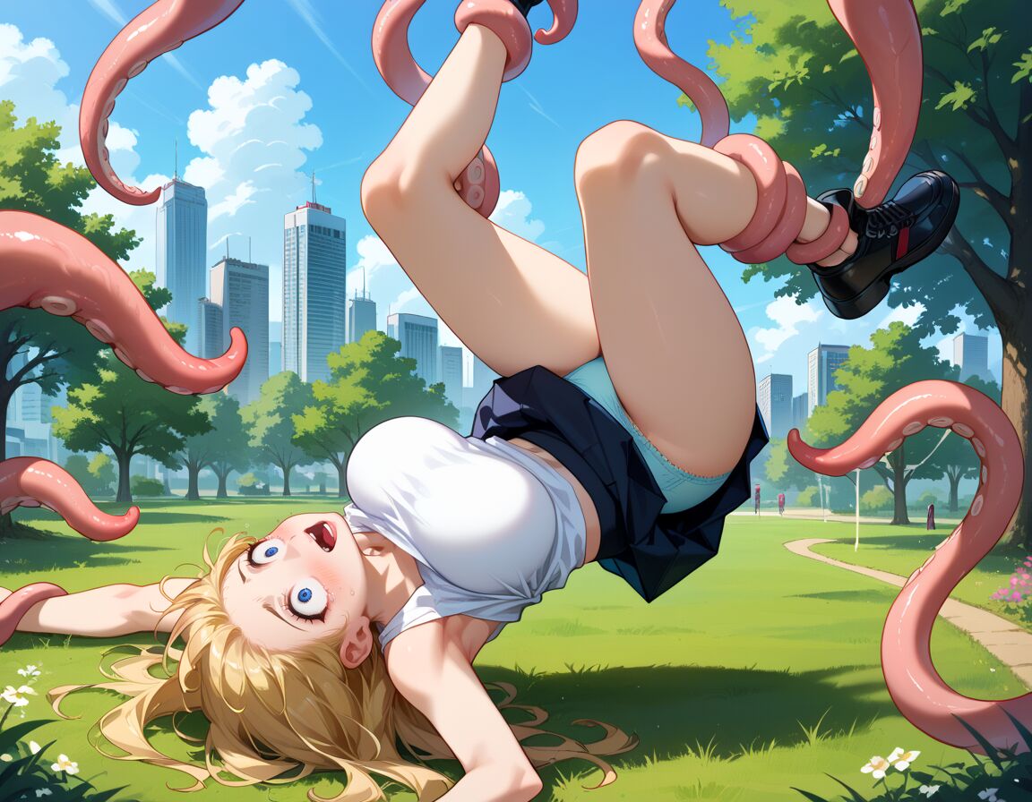 ai generated, big breasts, blonde hair, breasts, city background, female, historyia, original, original character, outdoors, panties, park, tentacle, tentacles around legs, upside-down, upskirt