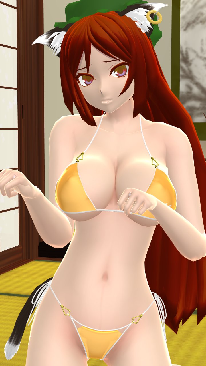 1girls 2023 3d adult_female arms_up belly_button bikini breasts cat_tail chen clavicle cleavage earring feline_humanoid gesture hat hati_yukkuri_mmd headwear hips indoors interior_background jpeg kemonomimi kneeling_female light-skinned_female long_hair_female looking_at_viewer mmd red_eyes red_hair_female solo_female solo_focus swimsuit touhou waist yellow_bikini youkai