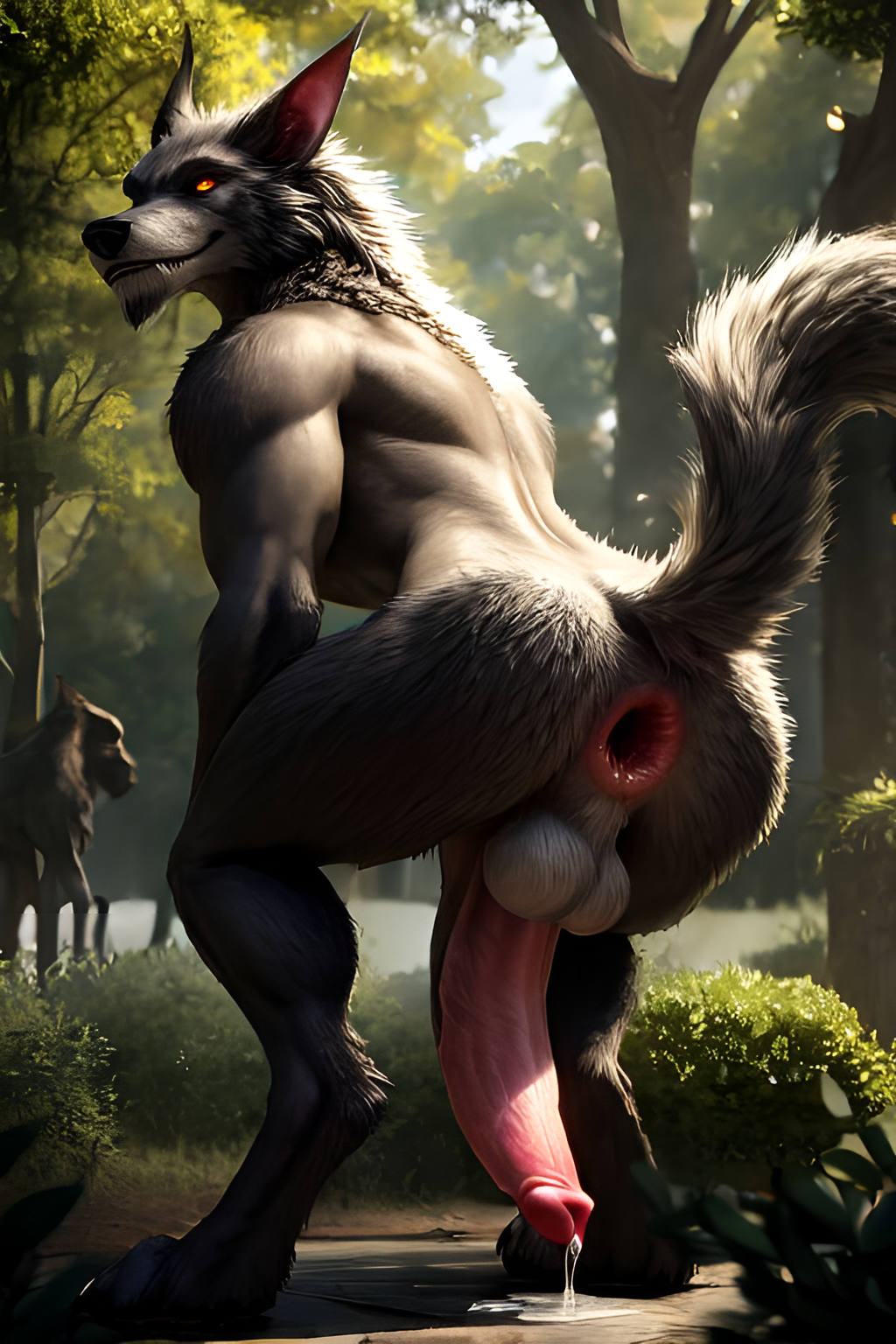 ai_generated anthro anthro_only anus balls big_ears big_penis bodily_fluids canid canine cum cum_drip cum_puddle digitigrade forest forest_background fur gaping gaping_anus happy huge_cock male male_only mane orange_fur paws penis pointy_ears presenting presenting_anus presenting_hindquarters presenting_penis smile solo solo_male were werewolf