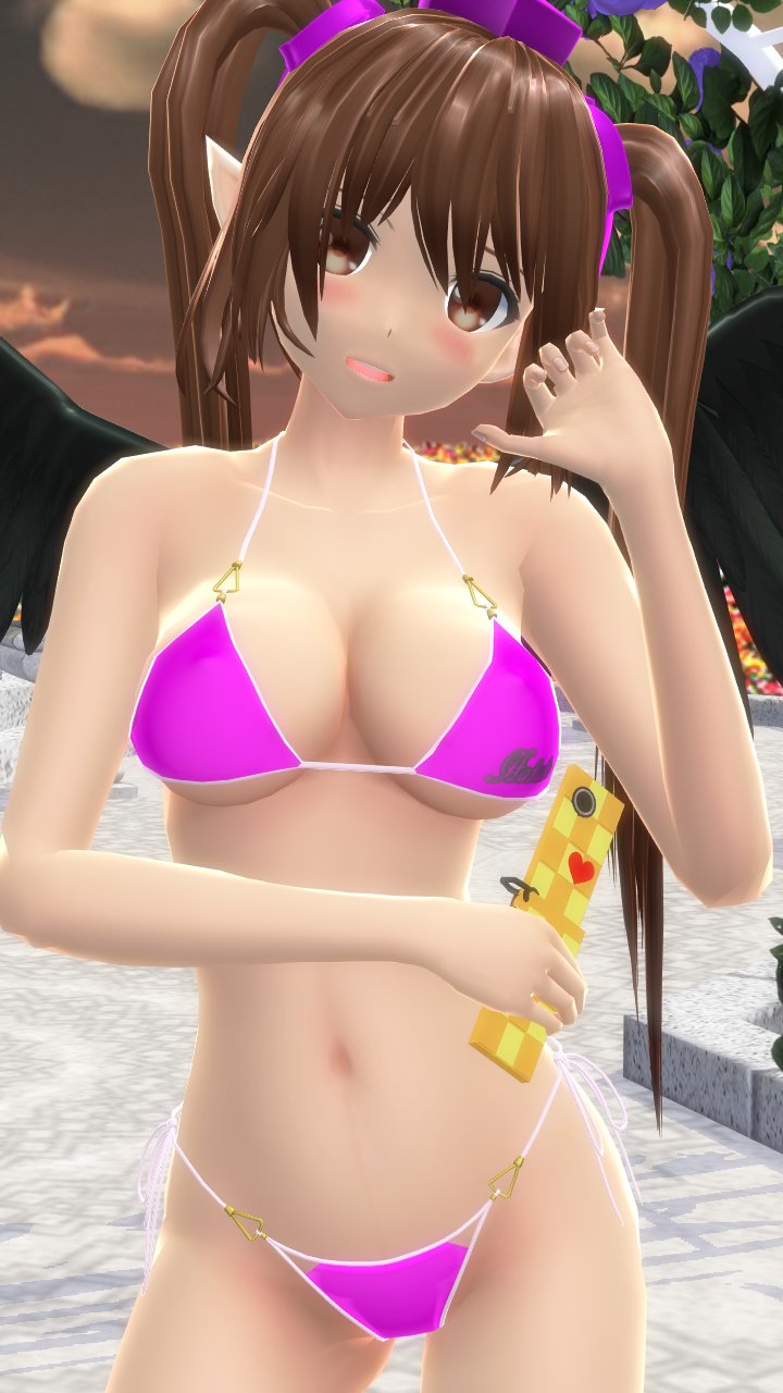 1girls 2023 3d afternoon belly_button bikini blush breasts brown_eyes brown_hair_female cellphone cleavage clouds garden hairband hand_on_head hat hatate_himekaidou hati_yukkuri_mmd headwear hips holding_phone jpeg light-skinned_female looking_at_viewer mmd one_arm_up open_mouth outdoors pink_bikini pointy_ears solo_female solo_focus sunset swimsuit tengu tied_hair tokin_hat touhou twintails_(hairstyle) waist wings youkai