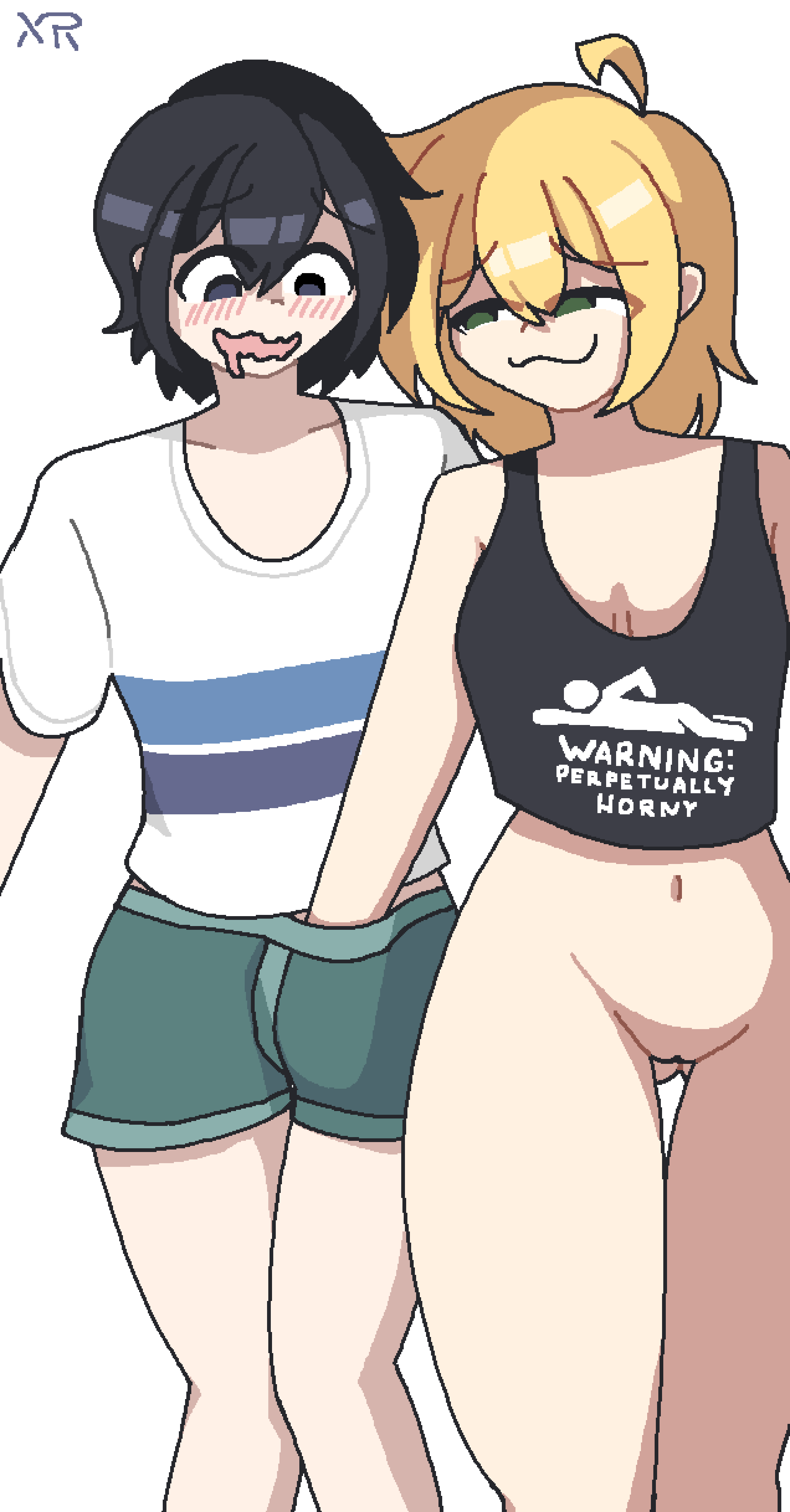 1boy 1girls black_hair blonde_hair blue_eyes bottomless embarrassed floral_foxingdale grabbing_penis green_eyes imxr24 ms_paint original_characters pussy smug text_on_clothing uncensored