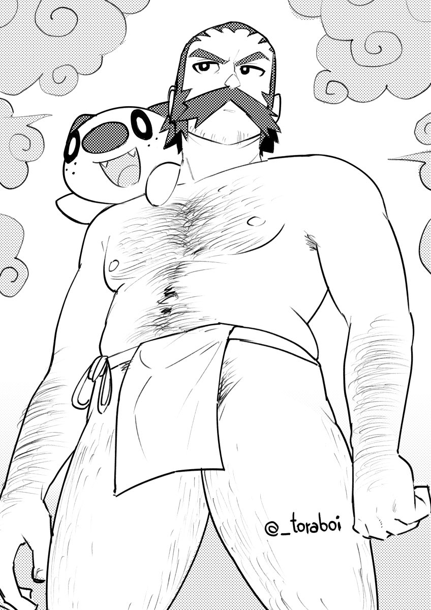 balls bara bulge facial_hair flaccid kamado_(pokemon) loincloth male male_only monochrome moustache muscles muscular nintendo oshawott penis pokemon pokemon_legends:_arceus toraboi