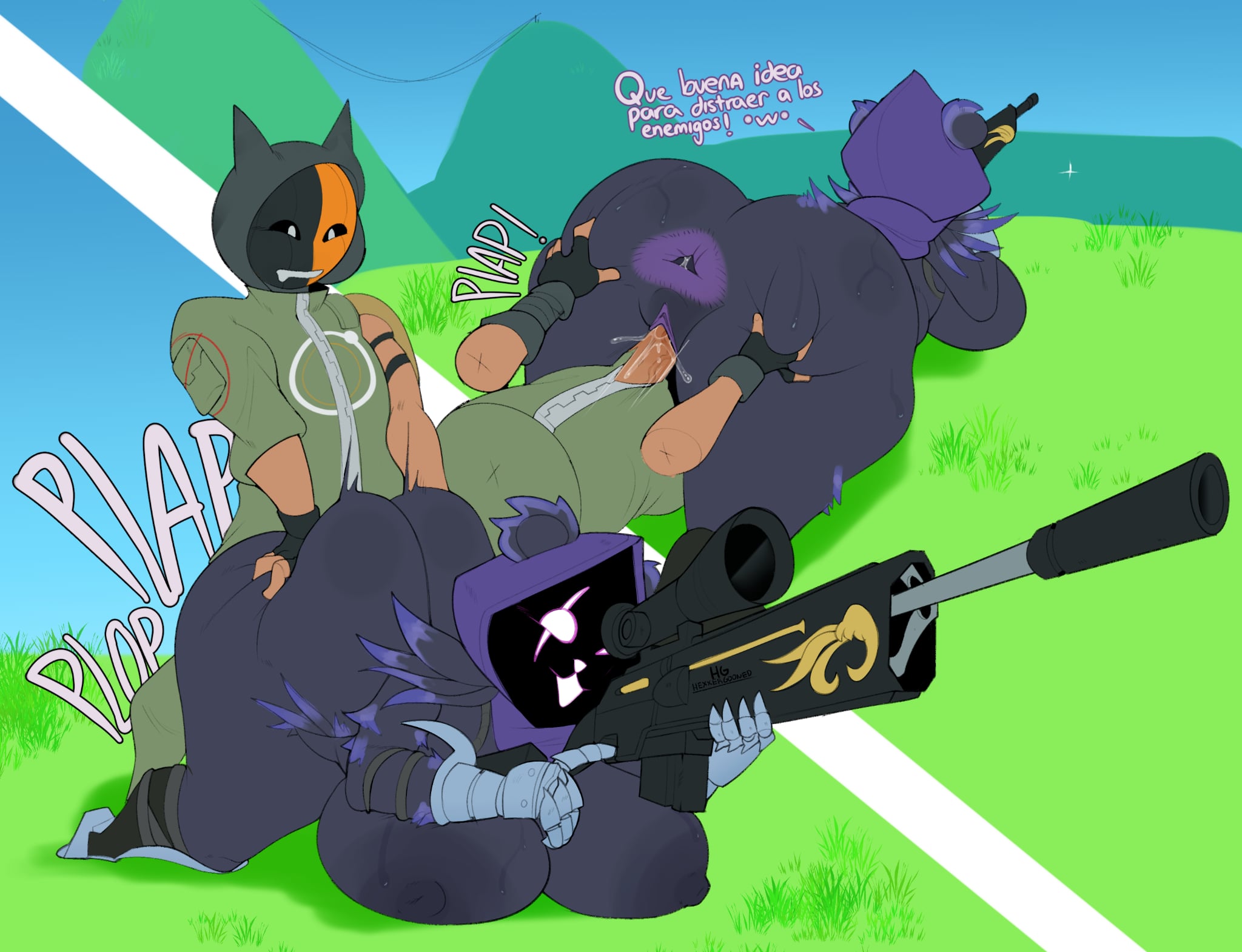1boy, 1girls, anus, ass, ass focus, ass grab, big ass, big breasts, big penis, brandfinn (just brandfinn), breasts, clothing, cum, cum inside, epic games, female, fortnite, fortnite: battle royale, hexxergooned, male, massive ass, oc, original character, penetration, penis, purple body, purple skin, raven team leader, sex, sniper rifle, spanish text, sweat, text, vagina, vaginal, vaginal penetration, vaginal sex