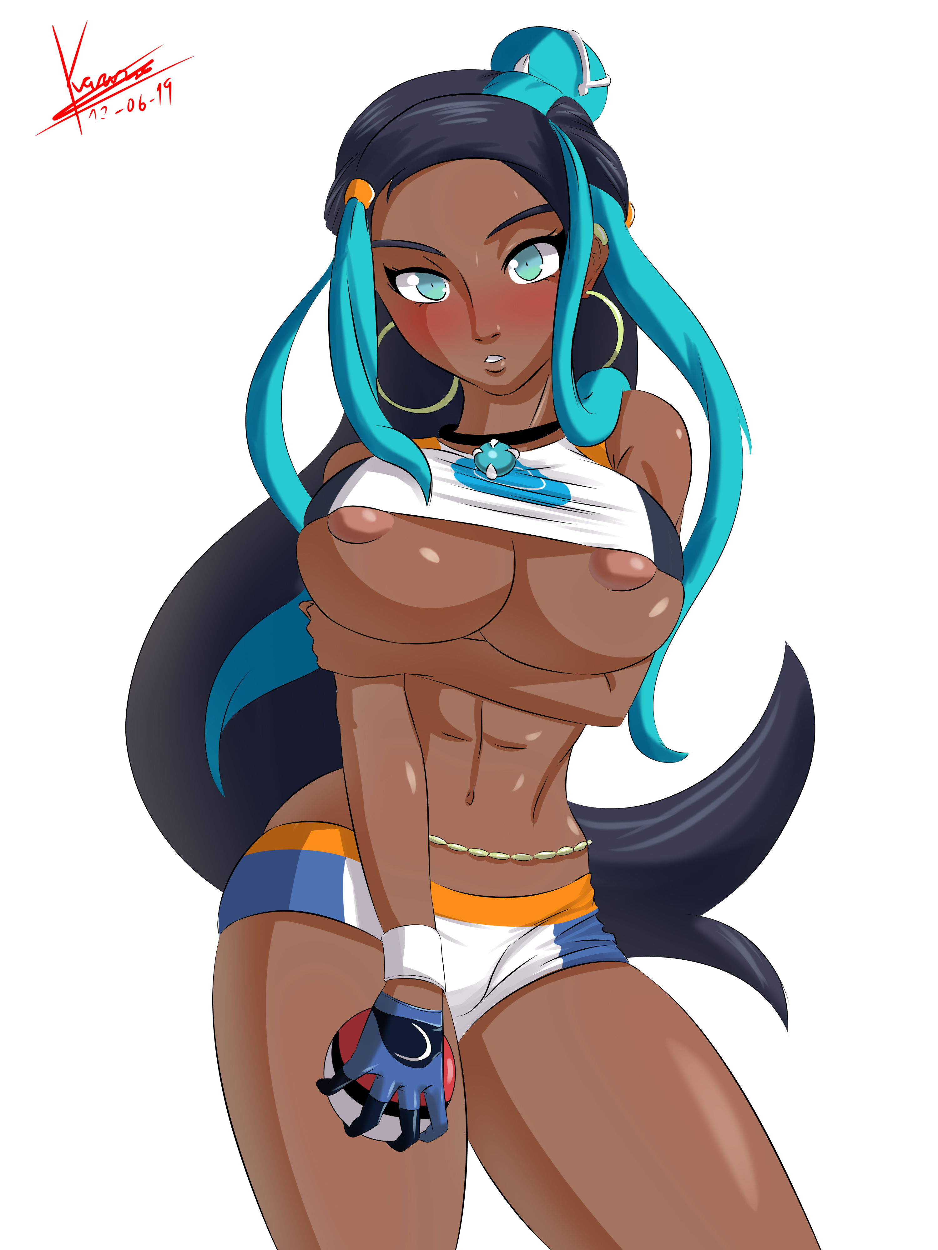 1girls, 2019, abs, areolae, arm grab, arm under breasts, belly, big breasts, black hair, blue eyes, blue hair, blush, breasts, clothed, clothing, dark skin, dark-skinned female, dated, eye contact, eyelashes, female, female only, gloves, gym leader, hair, holding, huge breasts, human, karuro-kun, large breasts, long hair, looking at viewer, midriff, muscular, muscular female, navel, necklace, nessa (pokemon), nintendo, nipples, poke ball, pokemon, pokemon ss, rurina (pokemon), shirt, shorts, solo, text, thick thighs, thigh gap, thin waist, underboob, video games, watermark, wide hips