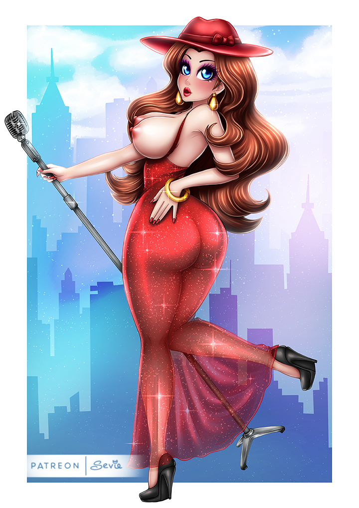 1girls ass blue_eyes blush bracelet breasts brown_hair dress earrings female female_only fingernails hat heels high_heels human jewelry looking_back mario_(series) microphone nintendo pauline red_dress see-through sevie solo super_mario_odyssey transparent_clothing wristband