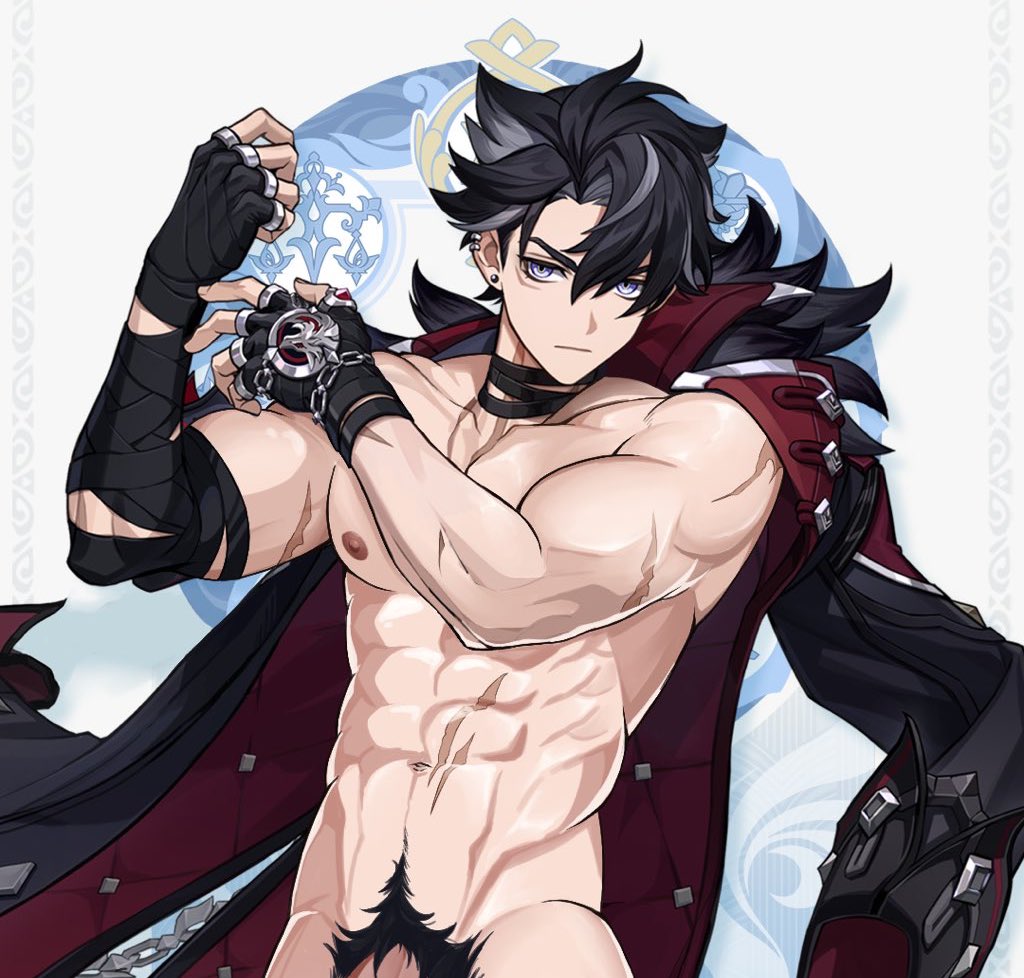 1boy bara bare_pectorals bluewdump gay genshin_impact male male_focus male_only penis solo solo_male wriothesley_(genshin_impact) yaoi