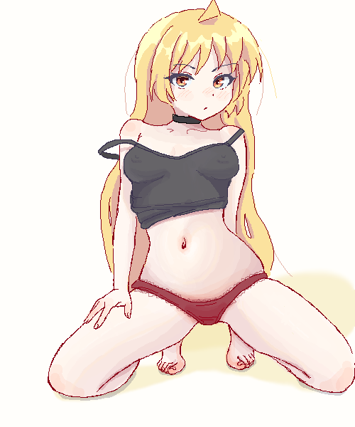 areolae_bulge belly_button bocchi_the_rock! choker feet ijichi_seika lingerie looking_at_viewer midriff nipple_bulge on_floor on_knees panties thick_thighs thighs treepxiv