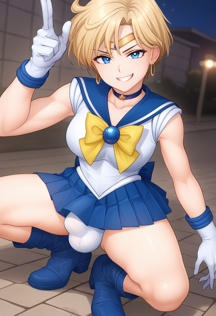 1futa ai_generated babski326 bishoujo_senshi_sailor_moon blonde_hair blue_choker blue_eyes blue_footwear blue_sailor_collar blue_skirt boots bow breasts bulge choker collarbone earrings futa_only futanari gloves grin jewelry looking_at_viewer magical_girl medium_breasts night pleated_skirt sailor_collar sailor_senshi_uniform sailor_uranus short_hair skirt smile smirk smug solo spread_legs squatting very_short_hair white_gloves yellow_bow