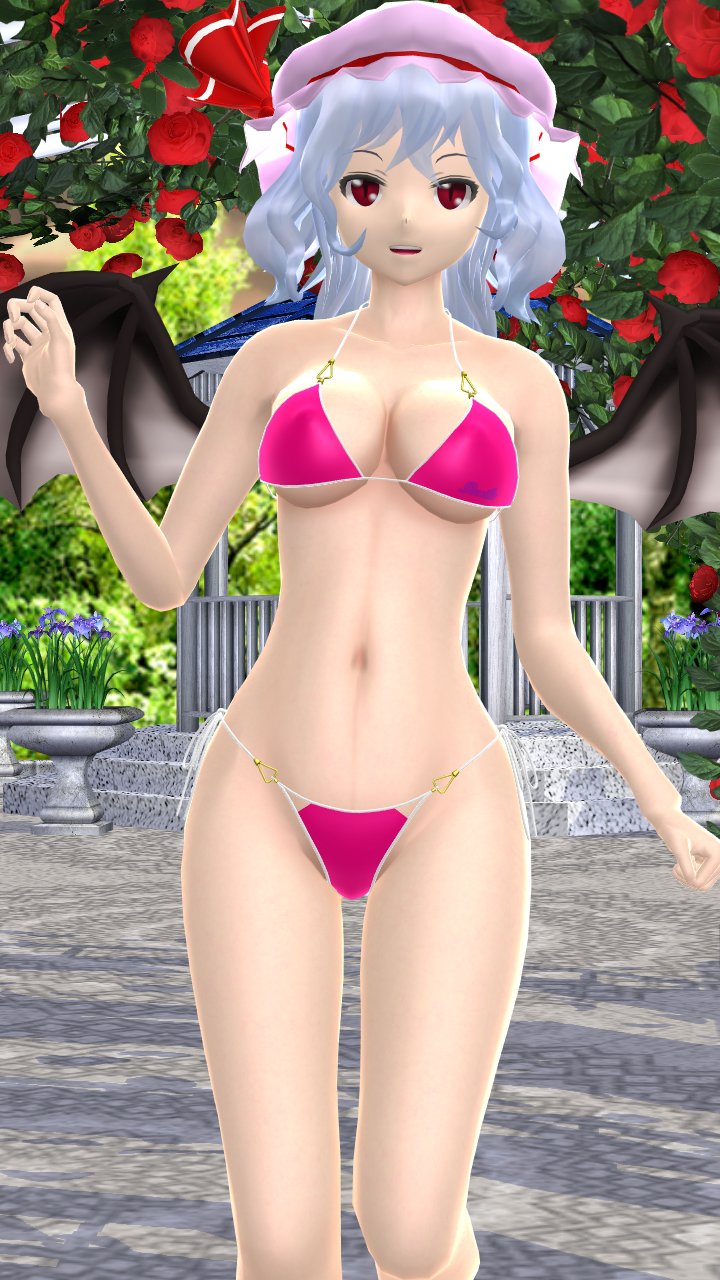 1girls 2023 3d adult_female afternoon bat_wings belly_button bikini breasts clavicle cleavage garden hati_yukkuri_mmd headwear hips jpeg light-skinned_female looking_at_viewer magenta_bikini mmd mob_cap one_arm_up open_mouth outdoors pink_bikini red_eyes red_ribbon remilia_scarlet short_hair_female solo_female solo_focus sunset swimsuit touhou trees uncanny_valley vampire waist wings