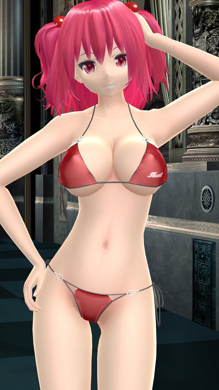 1girls 2023 3d belly_button bikini breasts clavicle cleavage hand_on_head hand_on_hip hati_yukkuri_mmd headband hips indoors interior_background jpeg komachi_onozuka light-skinned_female looking_at_viewer mmd one_arm_up red_bikini red_eyes red_hair_female shinigami smiling_at_viewer solo_female solo_focus swimsuit tied_hair touhou waist