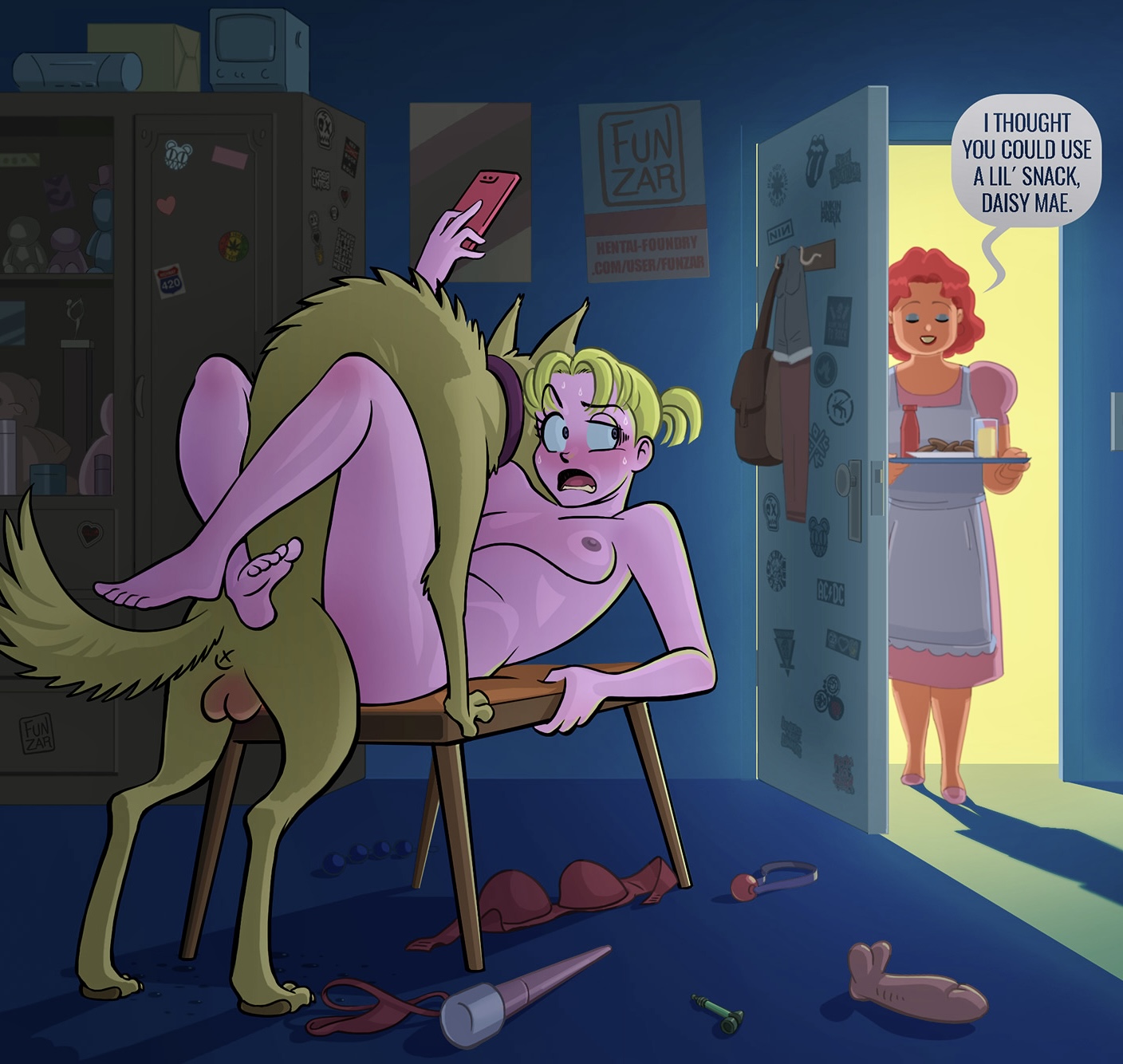 2d, ambiguous penetration, balls, blonde female, blonde hair, breasts, canid, canine, canine on human, canis, caught, caught in the act, domestic dog, female, female human/male feral, female on feral, feral, feral on female, feral on human, feral penetrating, feral penetrating human, filming, funzar, human female, human on feral, human penetrated, interspecies, leg grab, leg lock, legs around partner, legs tied, light skin, light-skinned female, livestream, male, missionary position, mother, mother and daughter, on back, original, shocked, short hair, small breasts, streamer, streaming, surprised, surprised expression, testicles, white woman, zoophilia