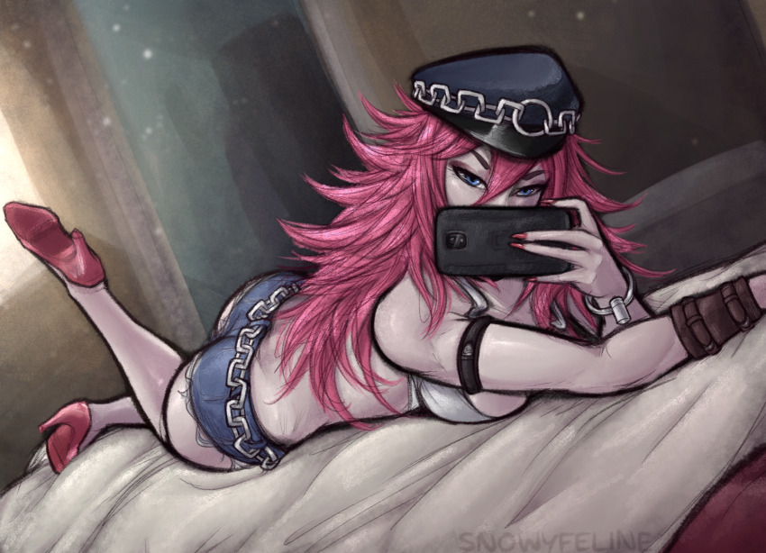 1girls armlet ass big_hair blue_eyes blue_hat bracelet bracer breasts cellphone chain_belt commentary covered_mouth cutoffs denim denim_shorts dutch_angle english_commentary female female_only fingernails foot_up hair_between_eyes hat hi_res high_heels highres holding holding_phone indoors jewelry large_breasts long_fingernails long_hair lying messy_hair nail_polish on_stomach peaked_cap phone pink_hair poison_(final_fight) red_footwear red_nails selfie shorts sideboob single_bracer smartphone snowyfeline solo street_fighter street_fighter_v tank_top the_pose thick_eyebrows white_tank_top