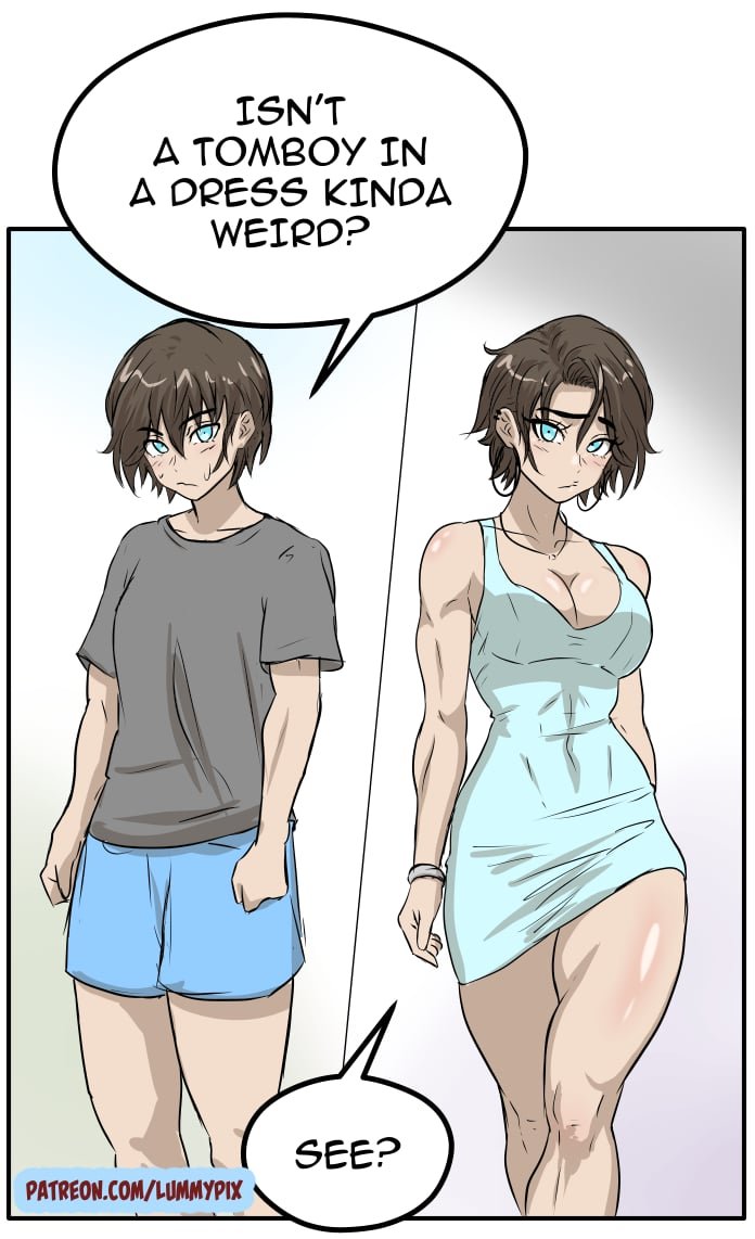 1girls, abs, alternate costume, artist name, blue eyes, blush, brown hair, charlie (lummypixith), dress, embarrassed, english text, large breasts, lummypixith, muscular female, original, shorts, speech bubble, thighs, tomboy