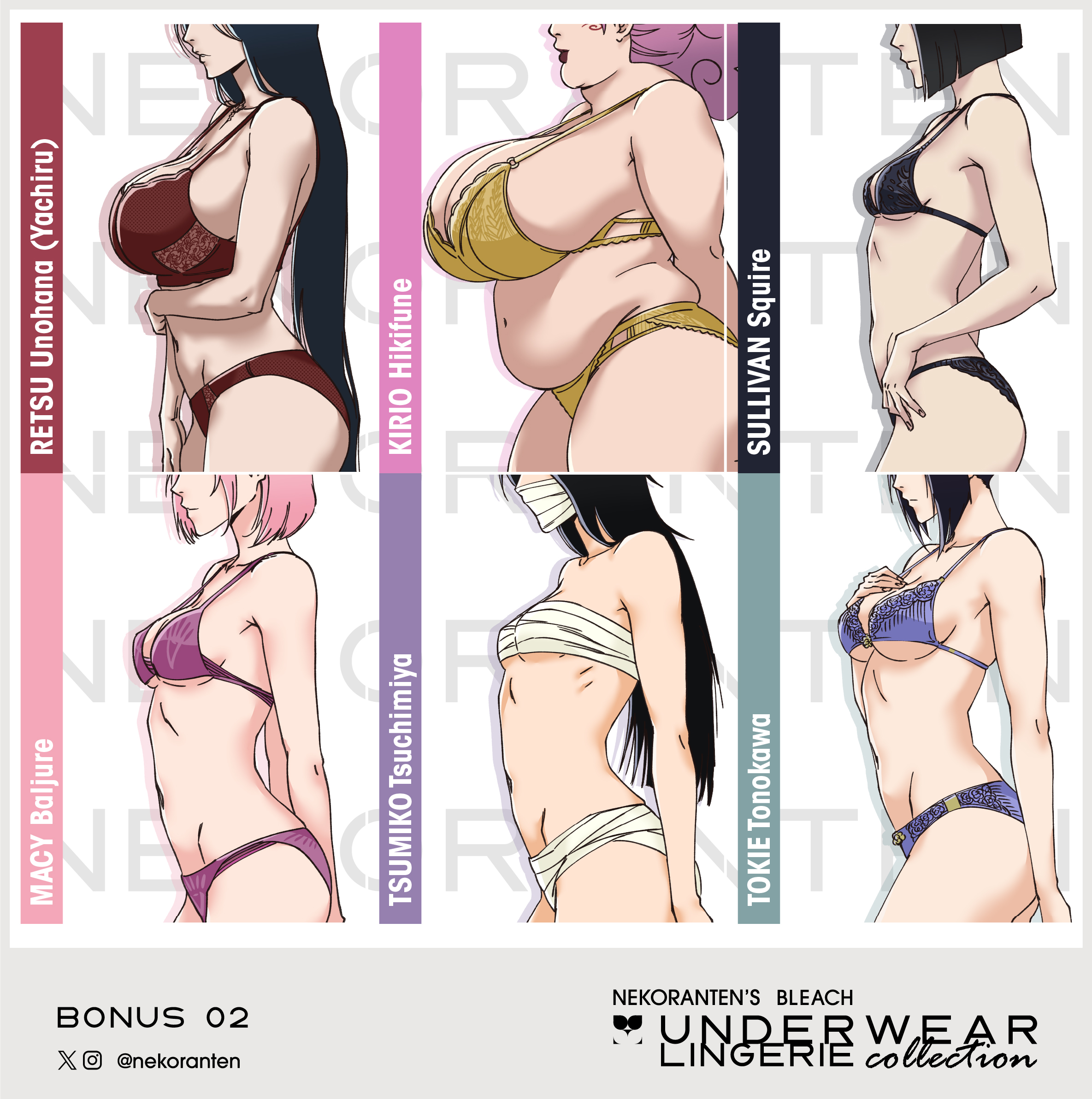 6girls, ass, bbw, belly, belly overhang, big ass, big breasts, bigger female, bikini, bleach, bleach: the thousand-year blood war, bra, breast chart, breasts, burn the witch, chart, chubby, chubby female, fat, female, female only, hand on breast, hand on hip, hands behind back, hikifune kirio, huge breasts, huge thighs, lingerie, medium breasts, navel, nekoranten, panties, plump, side view, small breasts, smiling, sullivan squire, take your pick, text, thick thighs, unohana retsu, unohana yachiru, waist