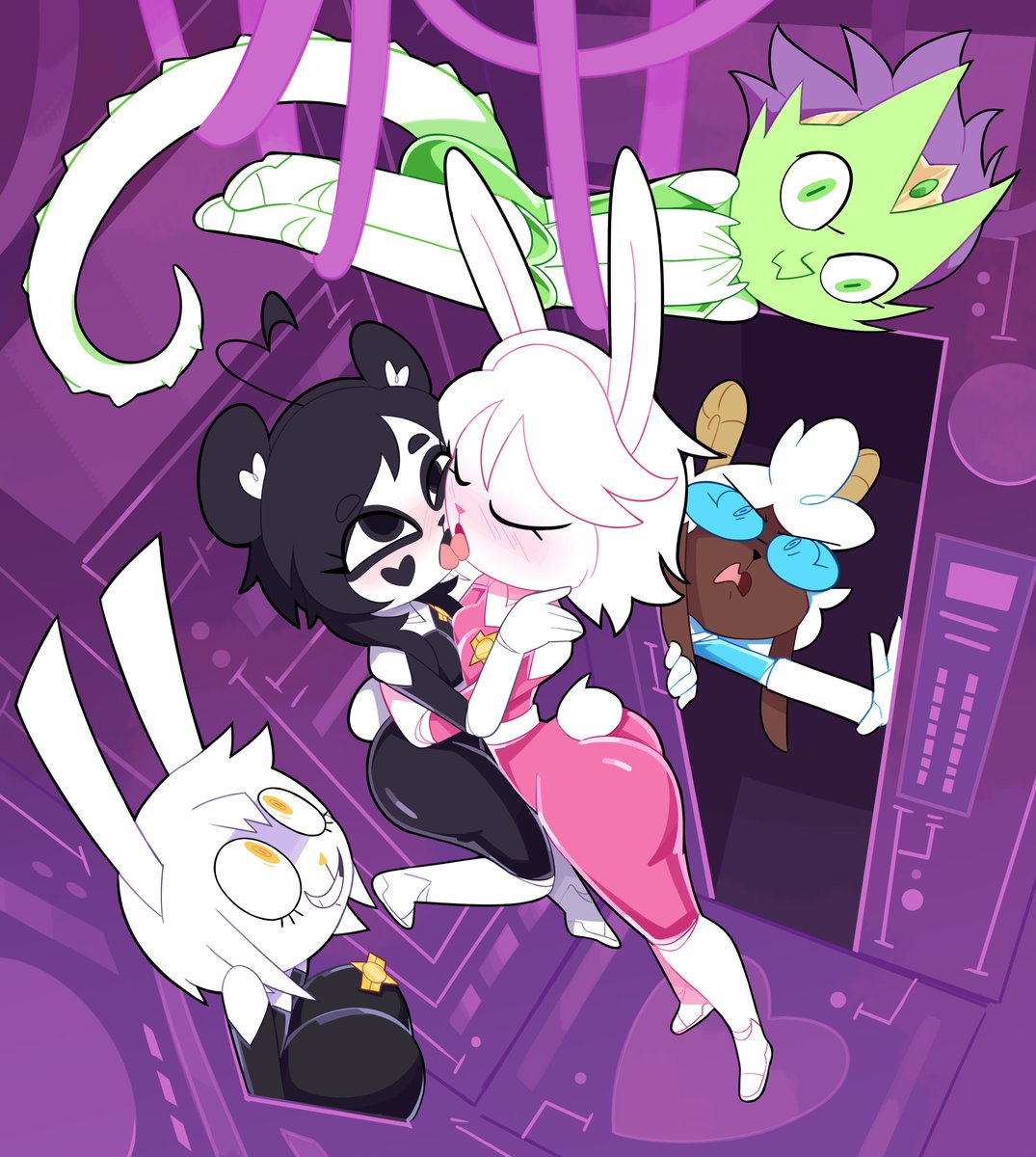 1boy, 4girls, ass, big butt, clothed, female, furry, furry only, kenny (kenashcorp), kiss, kissing, kuro (miscon), lesbian, midori (miscon), miscon, oc, panda, panda ears, pinku (miscon), rabbit ears, rabbit girl, raito buru (miscon), tagme, thighs, tongue, tongue kiss, tongue out, white fur, white hair, yuri