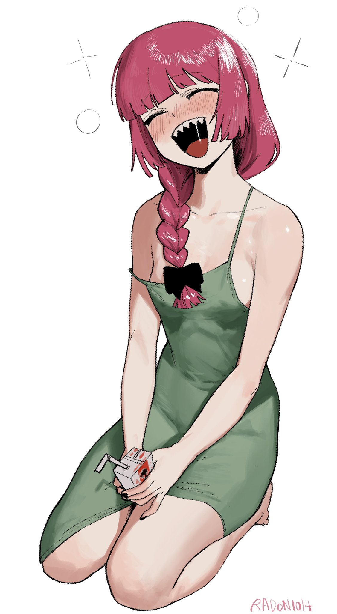 :d, 1girls, black nails, blunt bangs, blush, bocchi the rock!, braid, closed eyes, clothing, dress, eyes closed, female, female only, green dress, hiroi kikuri, legs together, long hair, nail polish, open mouth, painted nails, radon1014, red hair, sharp teeth, small breasts, smile, solo, white background