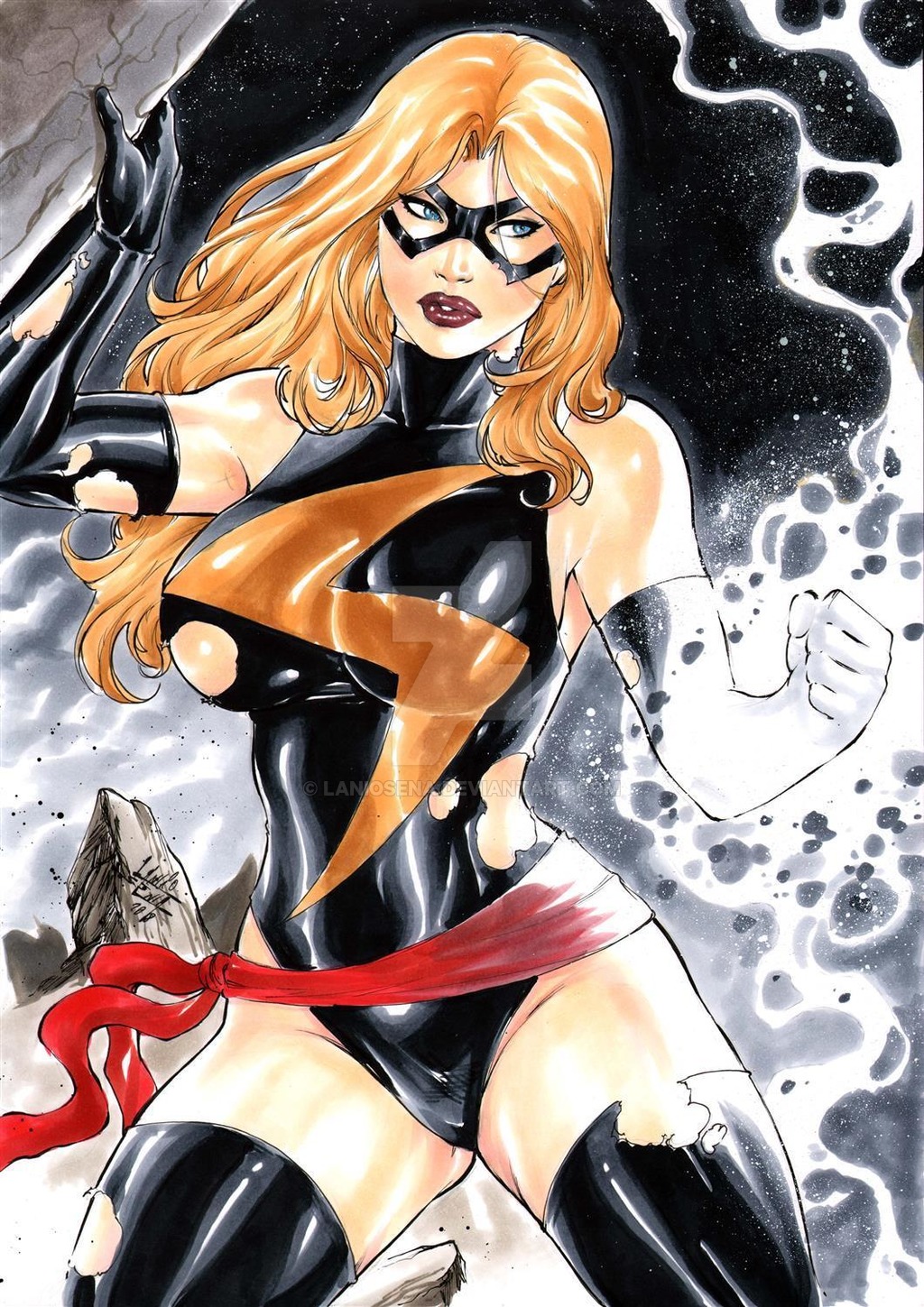 1girls, 2018, aura, big breasts, black gloves, black leotard, black thighhighs, blonde hair, blue eyes, breasts, busty, carol danvers, curvaceous, curvy, dated, deviantart, distracting watermark, domino mask, ed benes studio, energy, female, female only, gloves, human, human only, lanio sena, leotard, long hair, marvel, marvel comics, mask, ms. marvel, ms. marvel (carol danvers), pinup, red lips, red lipstick, rubble, signature, solo, superheroine, thick thighs, thighhighs, thighs, torn gloves, torn leotard, voluptuous, watermark