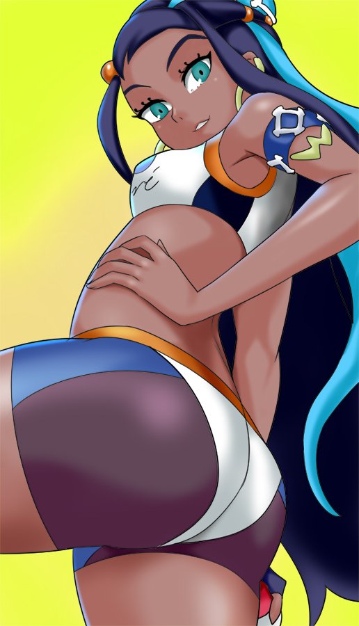 1girls, ass, bad id, clothed, dark skin, dark-skinned female, female, female only, gym leader, looking at viewer, looking back, nessa (pokemon), nintendo, pokemon, pokemon ss, solo, swimsuit, thelorope