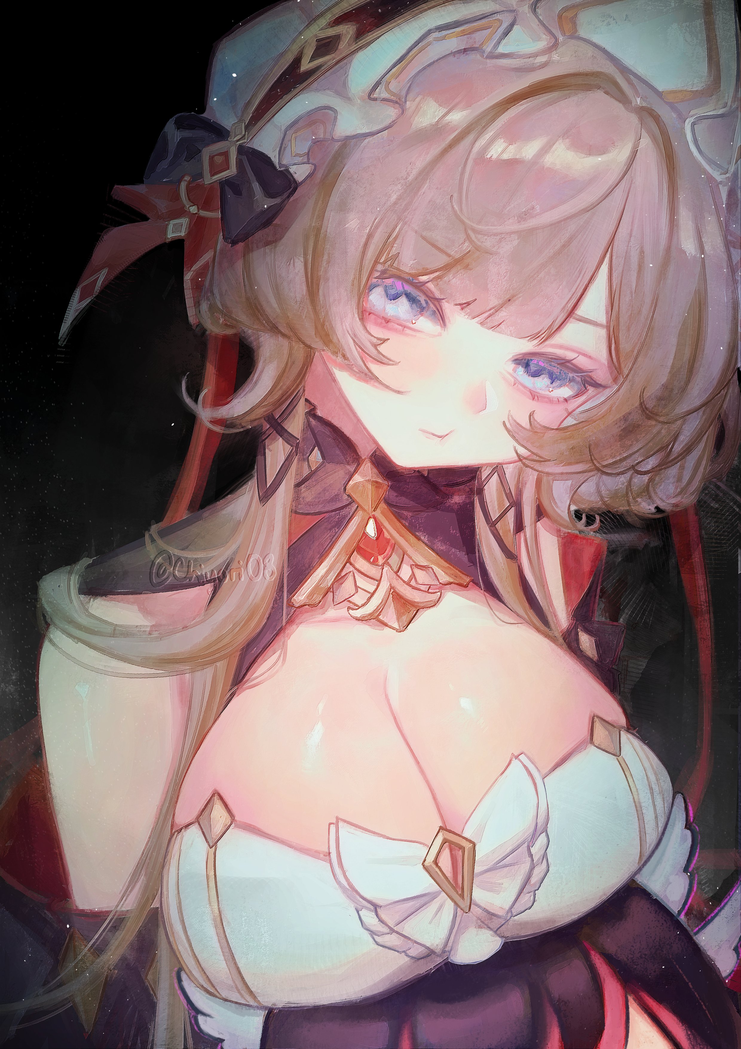 1girls, artist request, breasts, cleavage, female, female focus, female only, genshin impact, large breasts, light skin, light-skinned female, looking at viewer, sandrone (genshin impact), solo