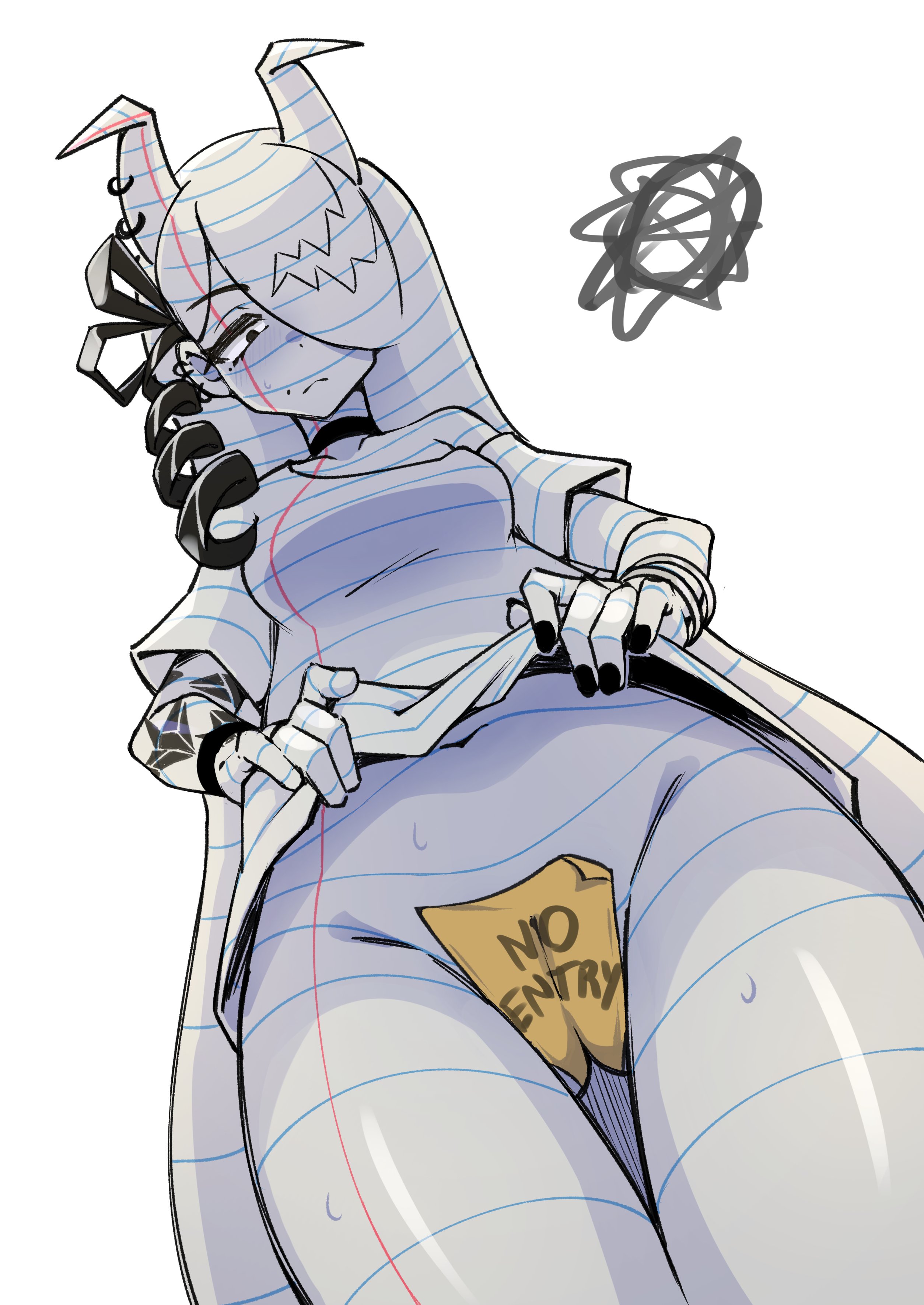 1girls, atlas anarchy, bebatch, cameltoe, clothes lift, female, female only, indie virtual youtuber, maebari, paper girl, solo, virtual youtuber, vtuber, white background, white hair