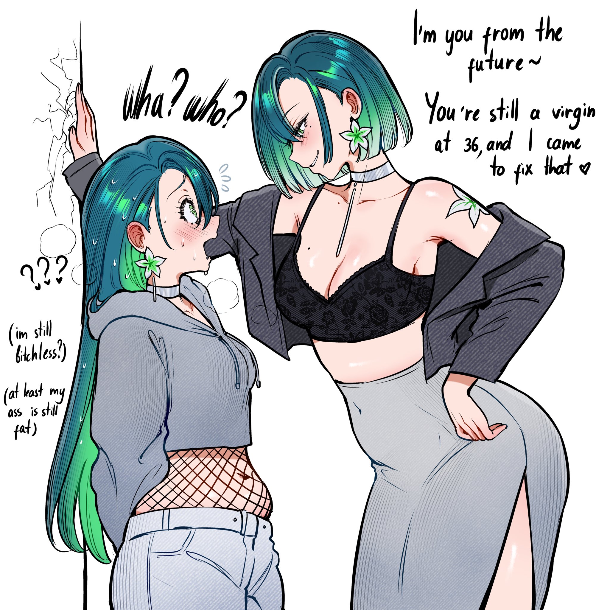 2girls, choker, chubby female, fishnets, green eyes, green hair, hair ornament, height difference, lesbian focus, qiandaiyiyu, selfcest, yuri