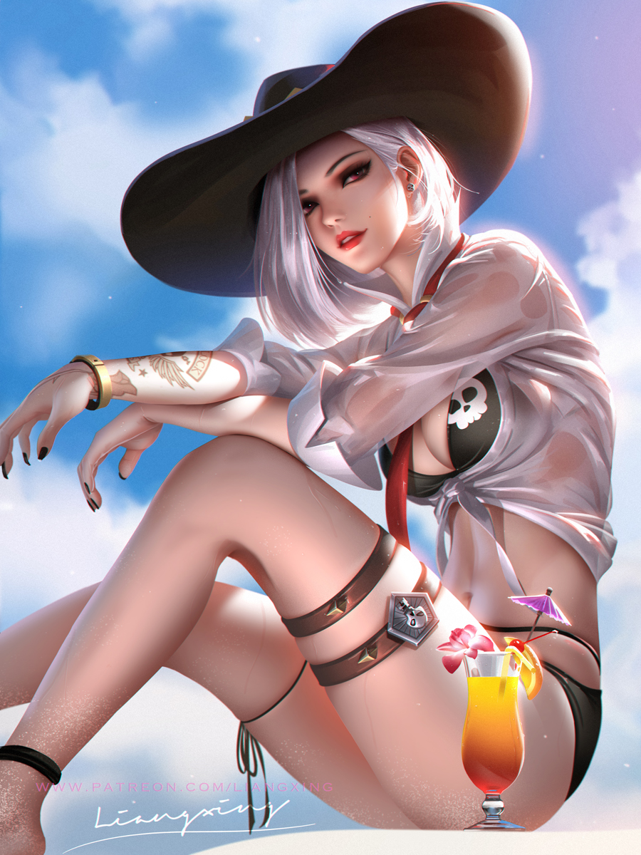 1girls 2d artist_signature ashe_(overwatch) bare_midriff beach bikini bikini_bottom bikini_top black_bikini black_bikini_bottom black_bikini_top blizzard_entertainment bra bracelet breasts cherry cleavage clouds cocktail cocktail_garnish cocktail_umbrella collar_up cowboy_hat drinking_straw earrings eyeliner eyeshadow feet_out_of_frame female female_focus female_only flower flower_in_drink hat knees_up liang_xing lipstick looking_at_viewer low-angle_view mascara medium_hair necktie orange_slice overwatch painted_nails pale_skin panties patreon_username sand sand_on_ass shirt side_view sitting skull_motif sky solo straight_hair tattoo tattoo_on_arm tequila_sunrise thigh_strap tied_shirt translucent_clothing translucent_topwear wet_clothes wet_shirt white_hair white_shirt