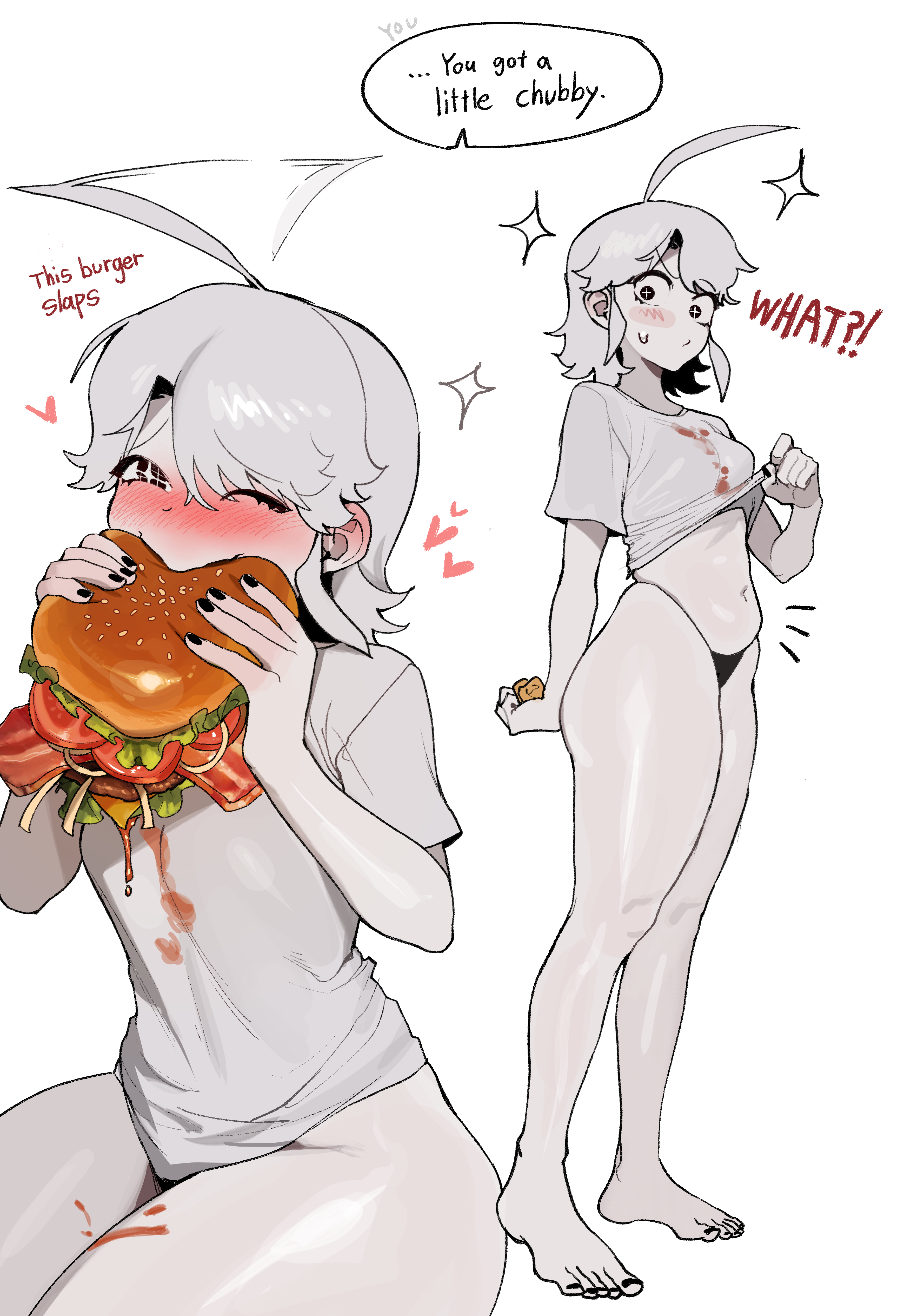 1girls, ahoge, black nails, black panties, blush, burger, dialogue, eating, eating burger, eating food, female, female only, food stains, light skin, light-skinned female, menchi (oc), nail polish, navel, no pants, one eye closed, painted nails, panties, radon1014, shirt, shirt lift, short hair, skindentation, slightly chubby, solo, speech bubble, star-shaped pupils, text, text bubble, white hair, white shirt