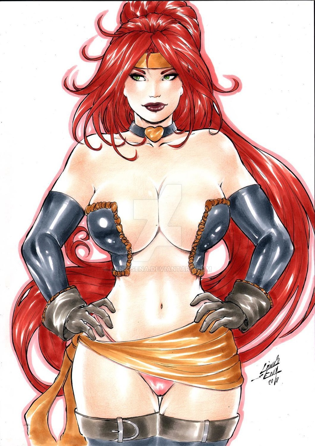 1girls 2018 absurdly_long_hair bandana battle_chasers belly_button big_breasts black_bra black_choker black_collar black_sleeves blue_thighhighs bra breasts brown_gloves busty choker cleavage collar curvaceous curvy dated deviantart ed_benes_studio female female_only gloves green_eyes headband heart_shape human lanio_sena leather_gloves long_hair makeup midriff navel panties pink_panties pinup ponytail red_hair red_lips red_lipstick red_monika sash signature sleeves solo stomach thighhighs thighs voluptuous watermark wildstorm yellow_bandana yellow_headband yellow_sash