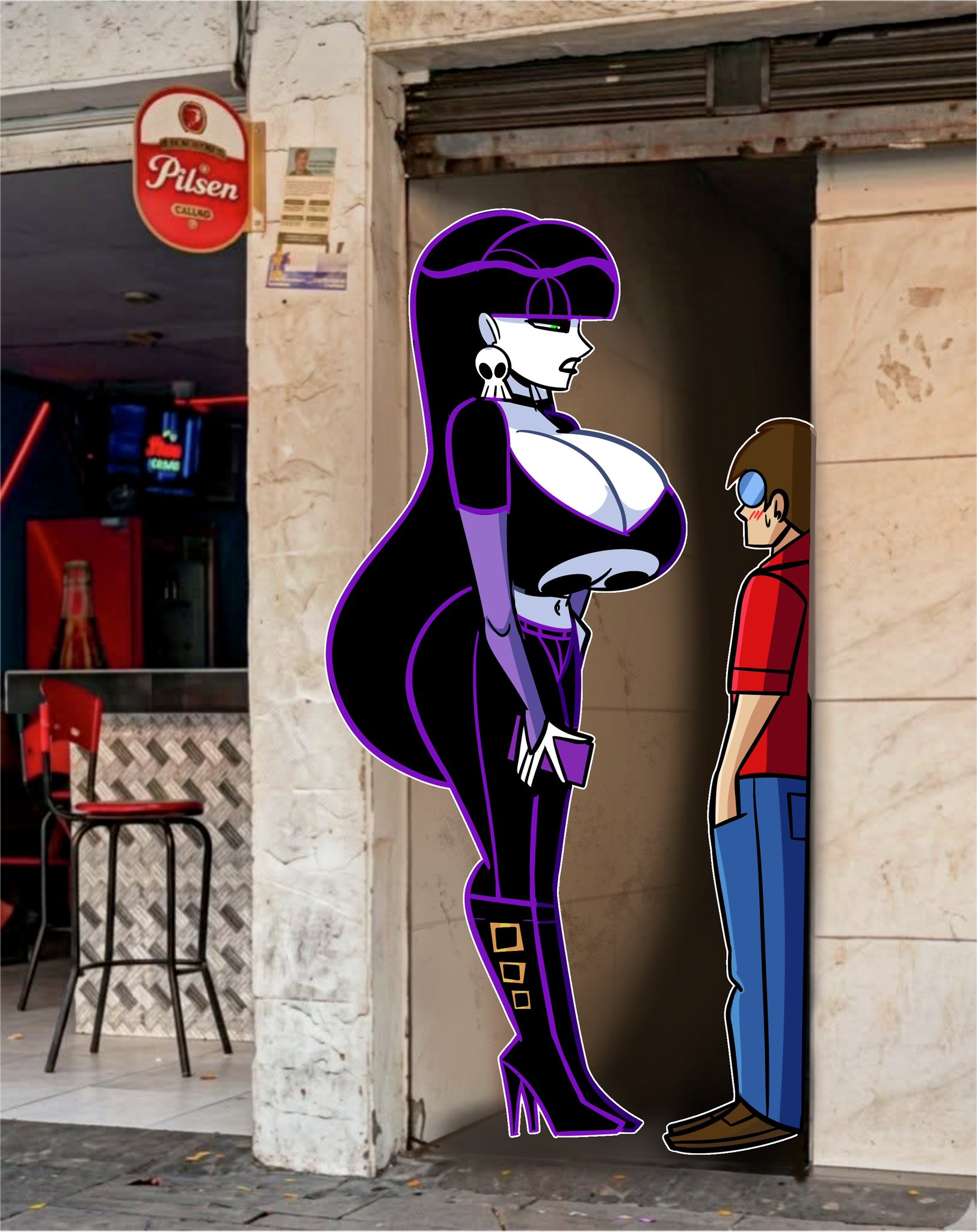 1boy, 1girls, 2026, 2d, 2d (artwork), 2d artwork, alleyway, alleyway milf (meme), arm sleeves, ass, atomickingboo, big ass, big breasts, black eyeshadow, black hair, black hair female, black lips, black lipstick, black-haired female, blush, blush face, blush lines, blushed face, blushing, blushing at partner, blushing male, blushing profusely, boots, breasts, breasts bigger than head, buckled boots, choker, clothed, clothed female, clothed male, clothing, colombia, crop top, digital media (artwork), duo, eyeshadow, female, fully clothed, fully clothed female, fully clothed male, glasses, heel boots, heeled boots, heels, huge breasts, light skin, light-skinned female, light-skinned male, lindel dollice quilten, lips, lipstick, male, oc, original, original character, pale skin, pale-skinned female, pants, pilsen callao, round glasses, shirt, size difference, smaller male, t-shirt, taller female, the besties (atomickingboo), thick thighs, thighs, tshirt